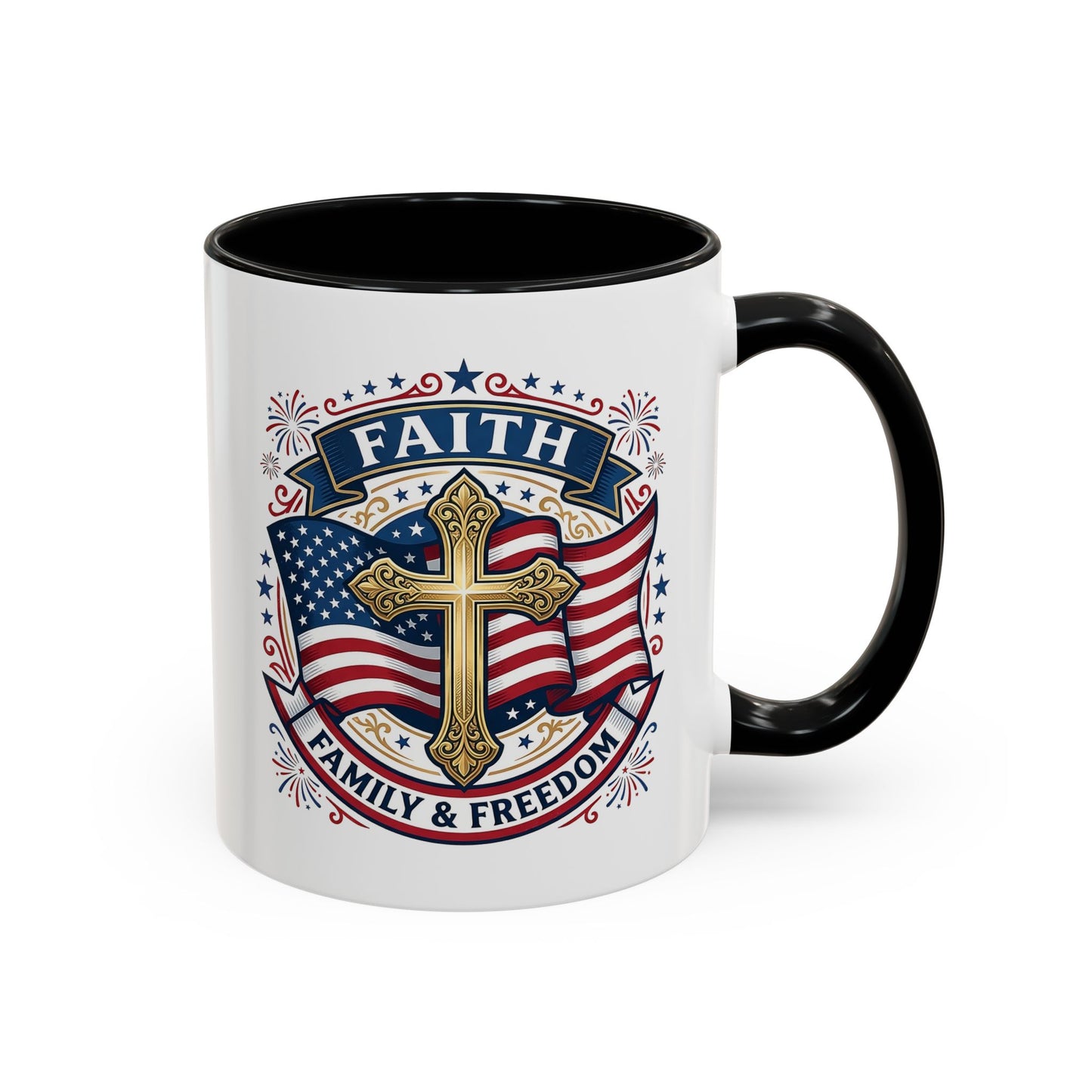 Faith, Family & Freedom Accent Coffee Mug — Patriotic Cross Mug  (USA 250th)