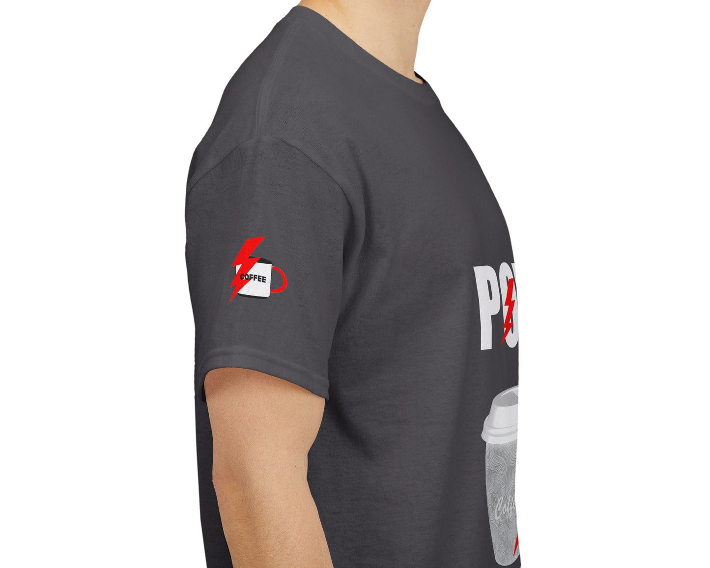 Coffee Lovers Cotton T-shirt - Powered by Coffee. Person wearing a dark gray t-shirt with graphics on the sleeves and chest.