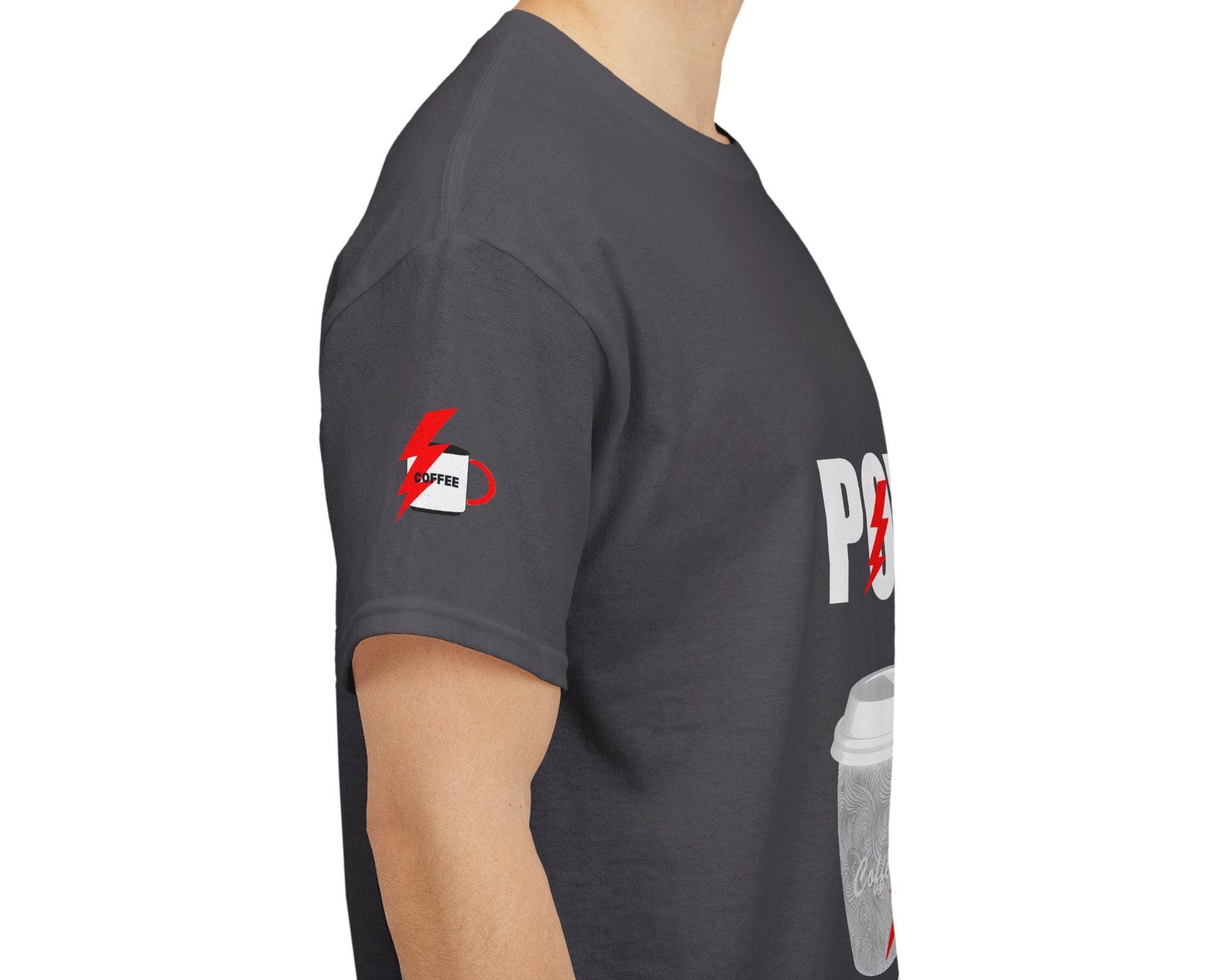 Coffee Lovers Cotton T-shirt - Powered by Coffee. Person wearing a dark gray t-shirt with graphics on the sleeves and chest.