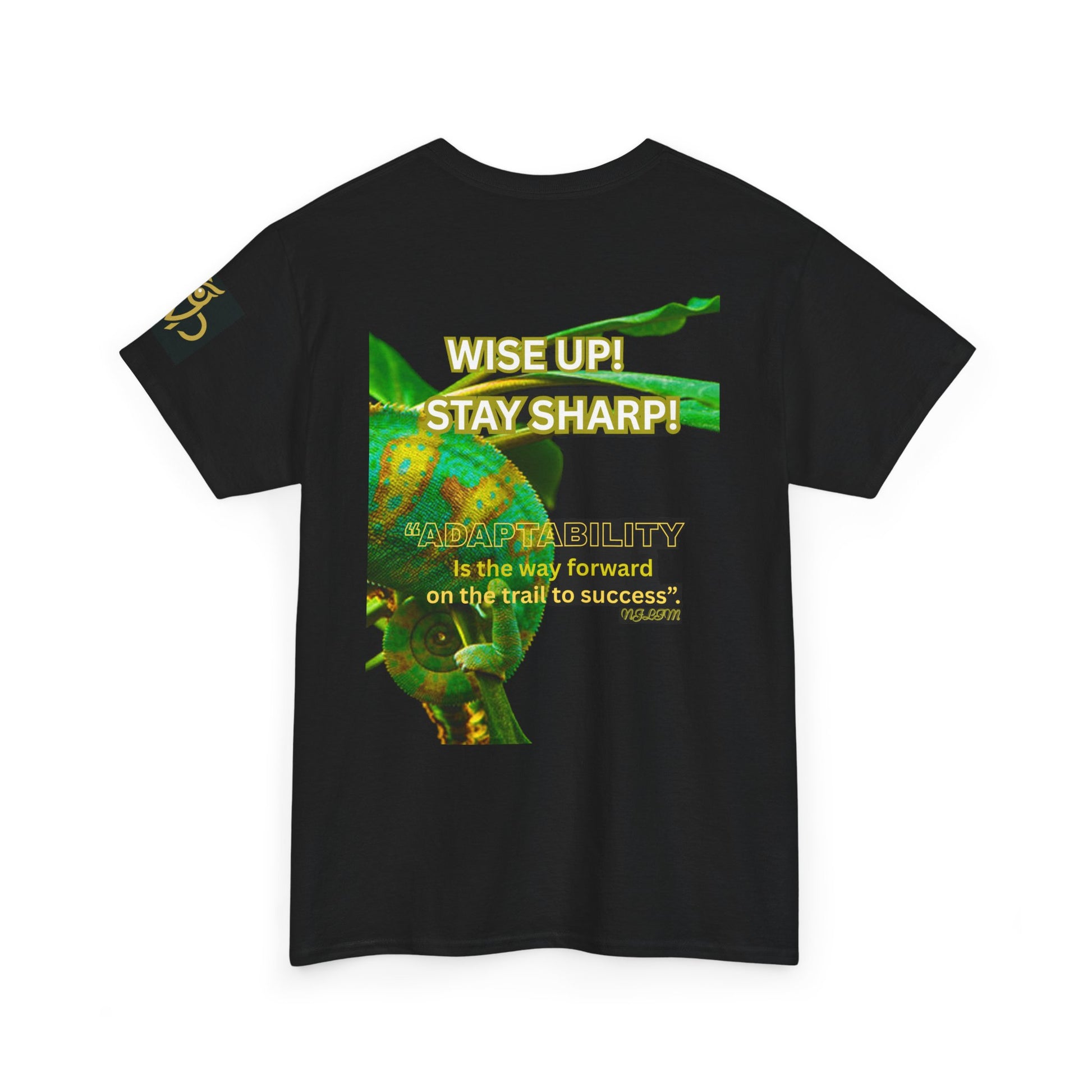 Wise Up Adapt! Motivational T-shirt — 'Wise Up! Stay Sharp!' Graphic Novelty Tee, Black t-shirt with a green chameleon graphic and motivational text on a white background