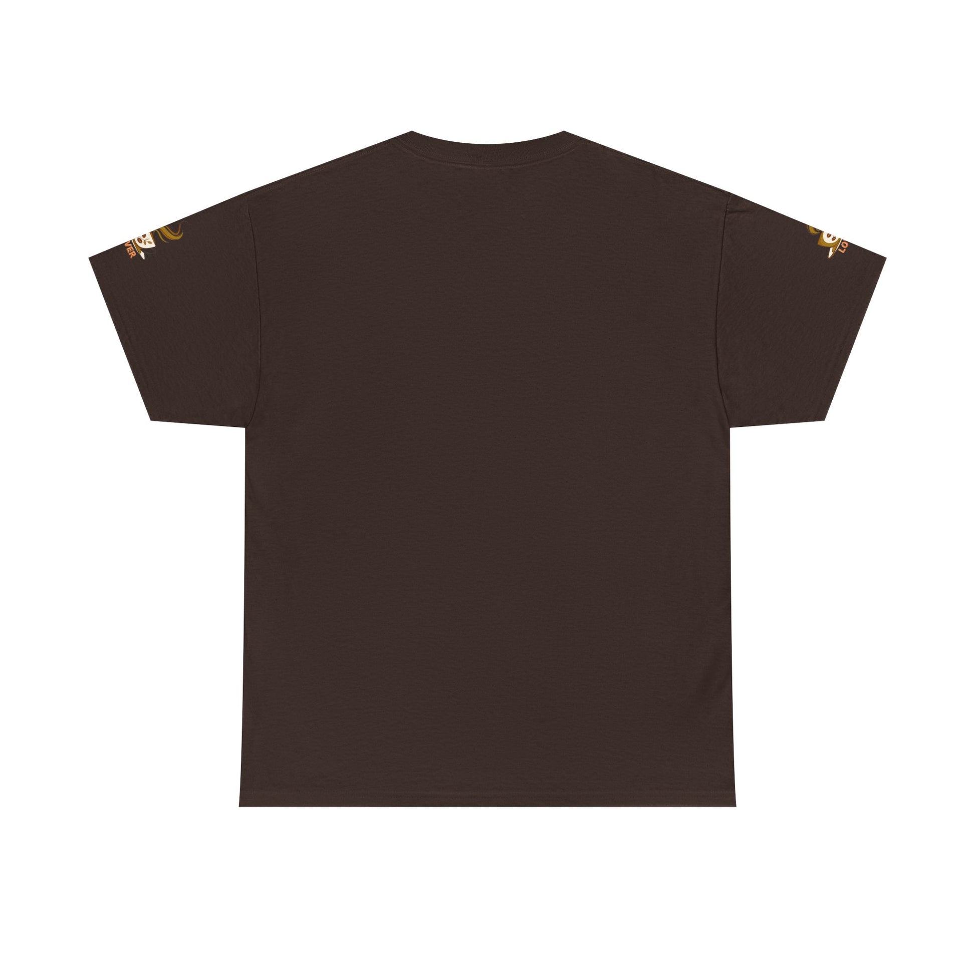 Brown t-shirt with gold accents on a white background