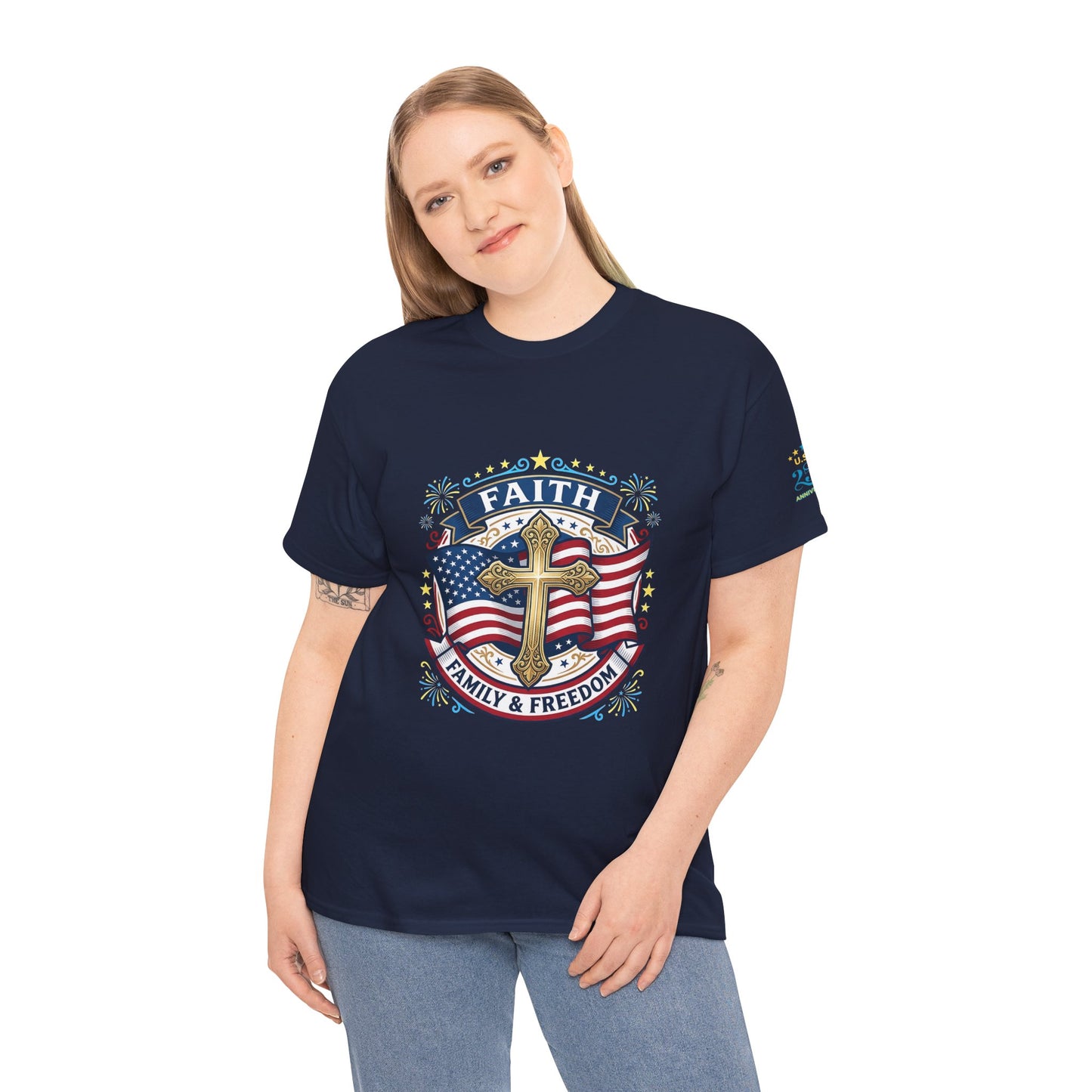 Faith, Family & Freedom T-Shirt — American Flag Cross Patriotic Tee (USA 250th)