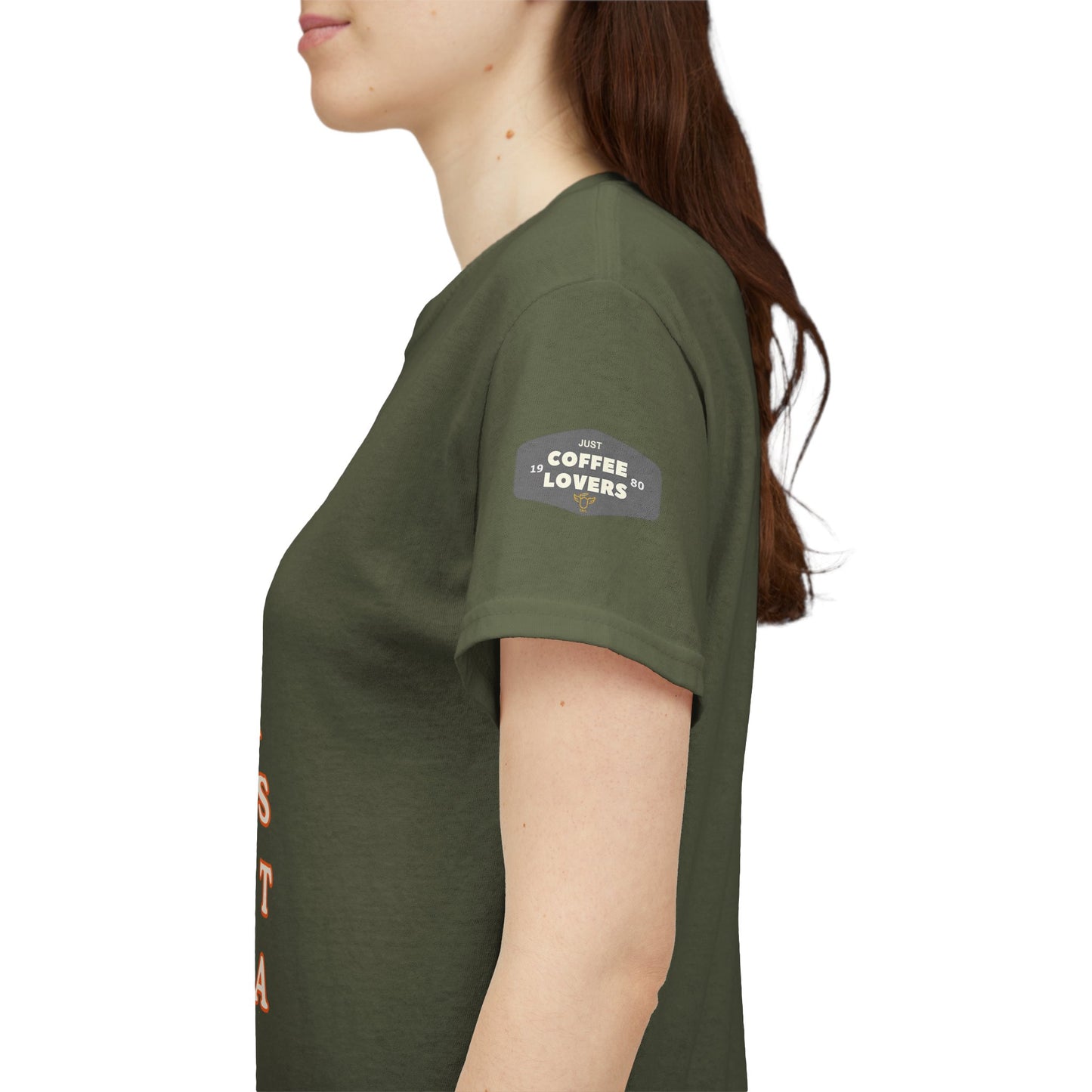 Coffee Lovers Cotton Tee for Female Barista, Person wearing a green t-shirt with a logo on the sleeve against a white background