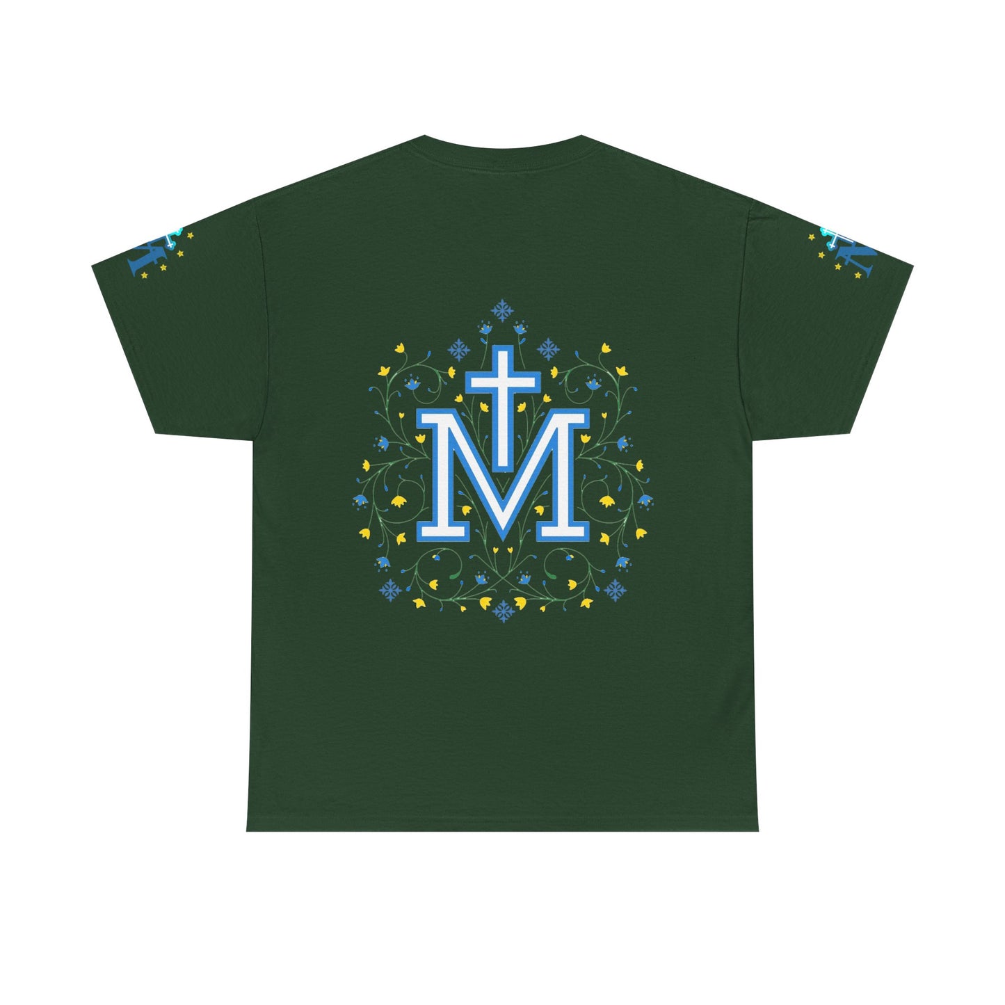 Marian Symbol T-shirt Unisex Heavy Cotton Tee, Green t-shirt with decorative design on the back featuring a cross and letter 'Marian symbol'.