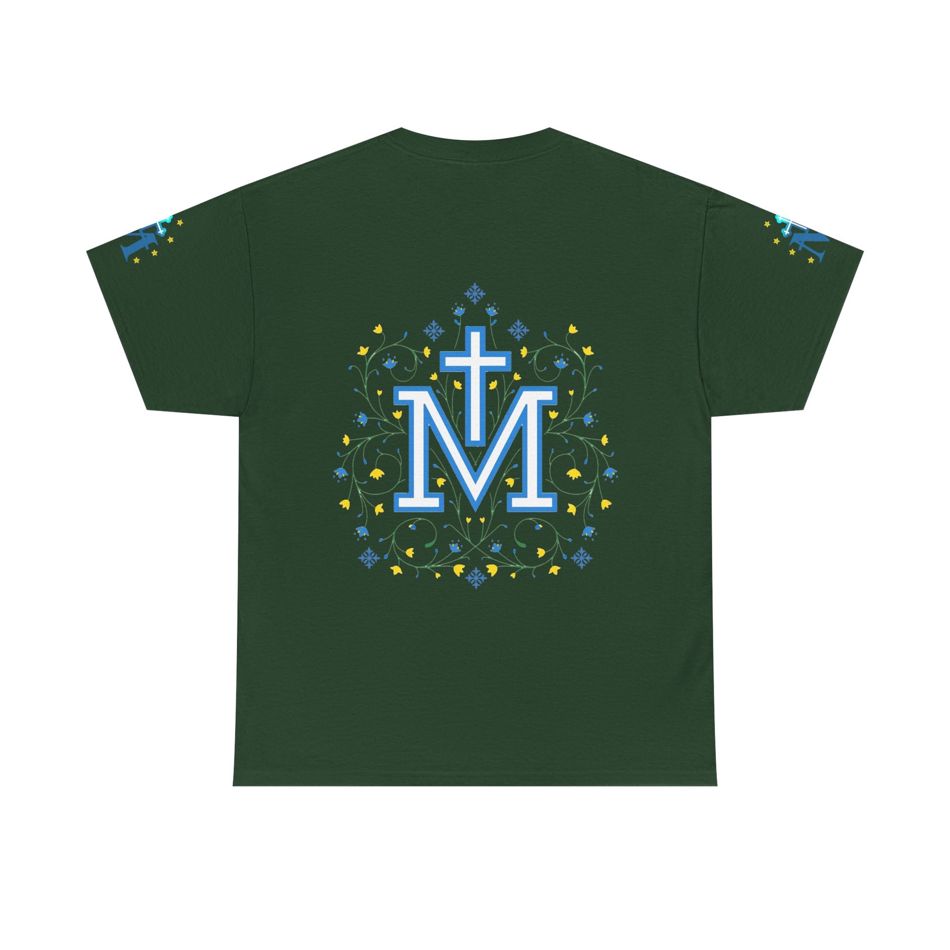 Marian Symbol T-shirt Unisex Heavy Cotton Tee, Green t-shirt with decorative design on the back featuring a cross and letter 'Marian symbol'.