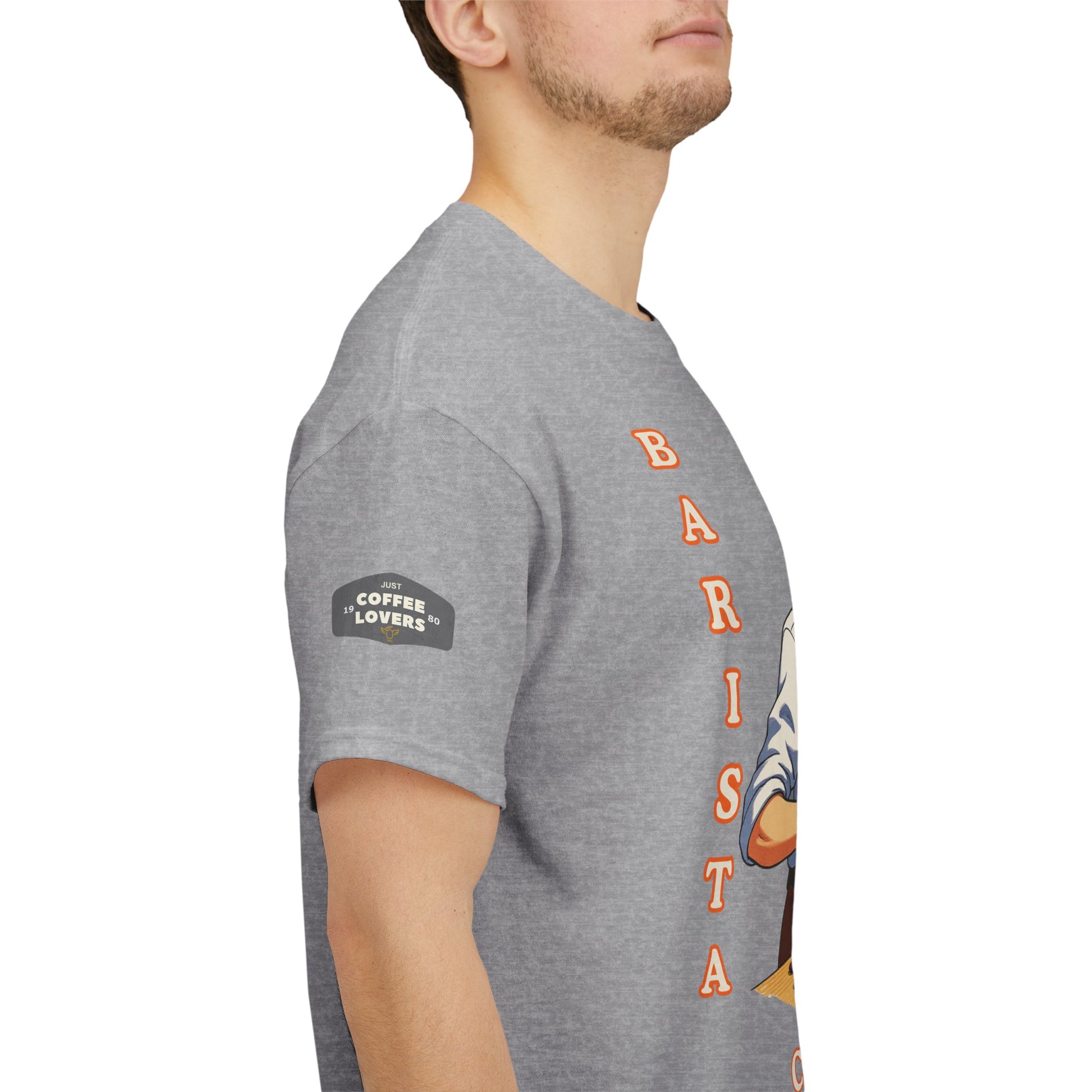 Coffee Lovers Cotton Tee for Male Barista,  Gray t-shirt with 'Coffee Lovers' and 'BARIста' text on a white background