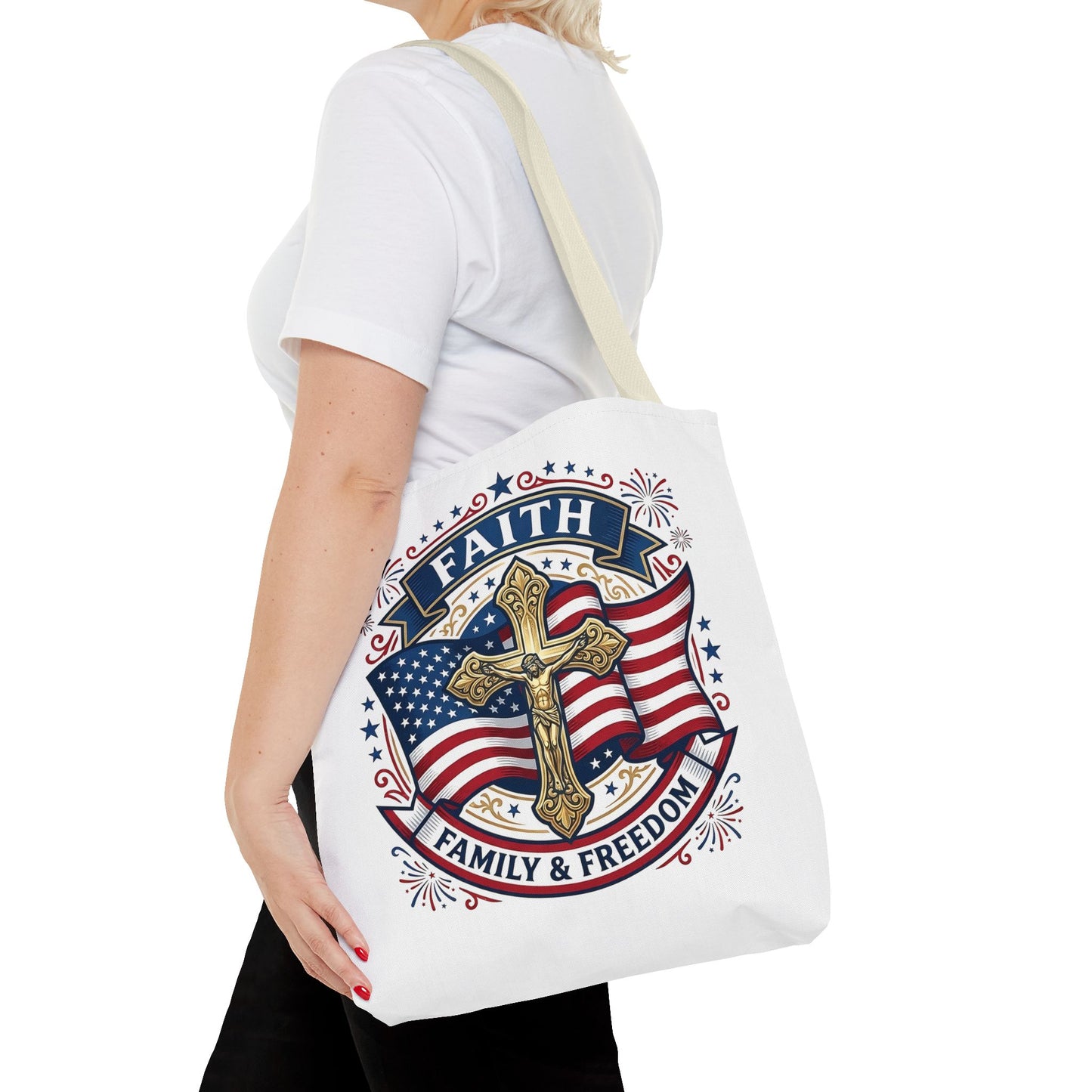 Faith, Family & Freedom Tote Bag — Patriotic Cross American Flag Tote (USA 250th)
