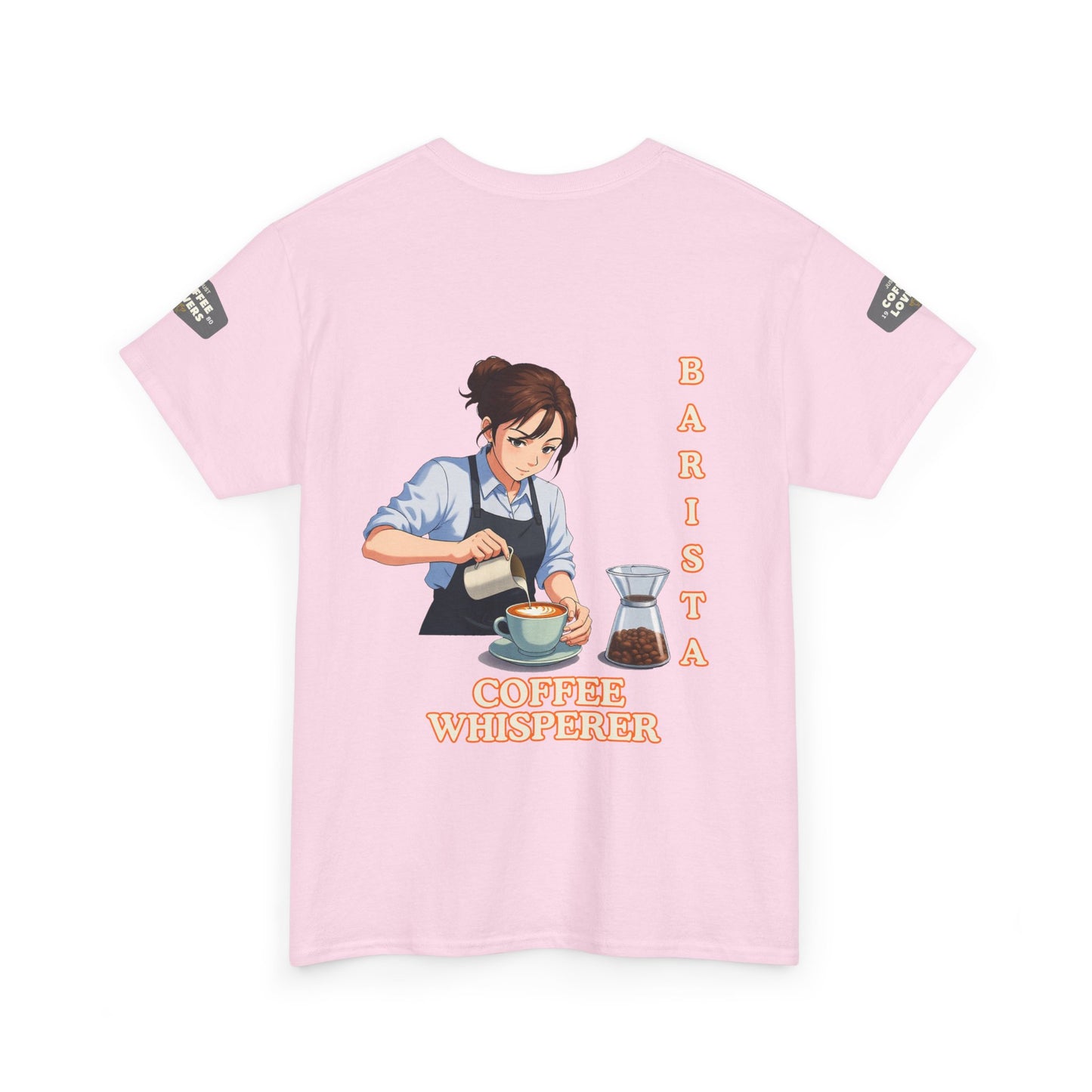 Coffee Lovers Cotton Tee for Female Barista, Pink t-shirt with a barista graphic and text on a white background