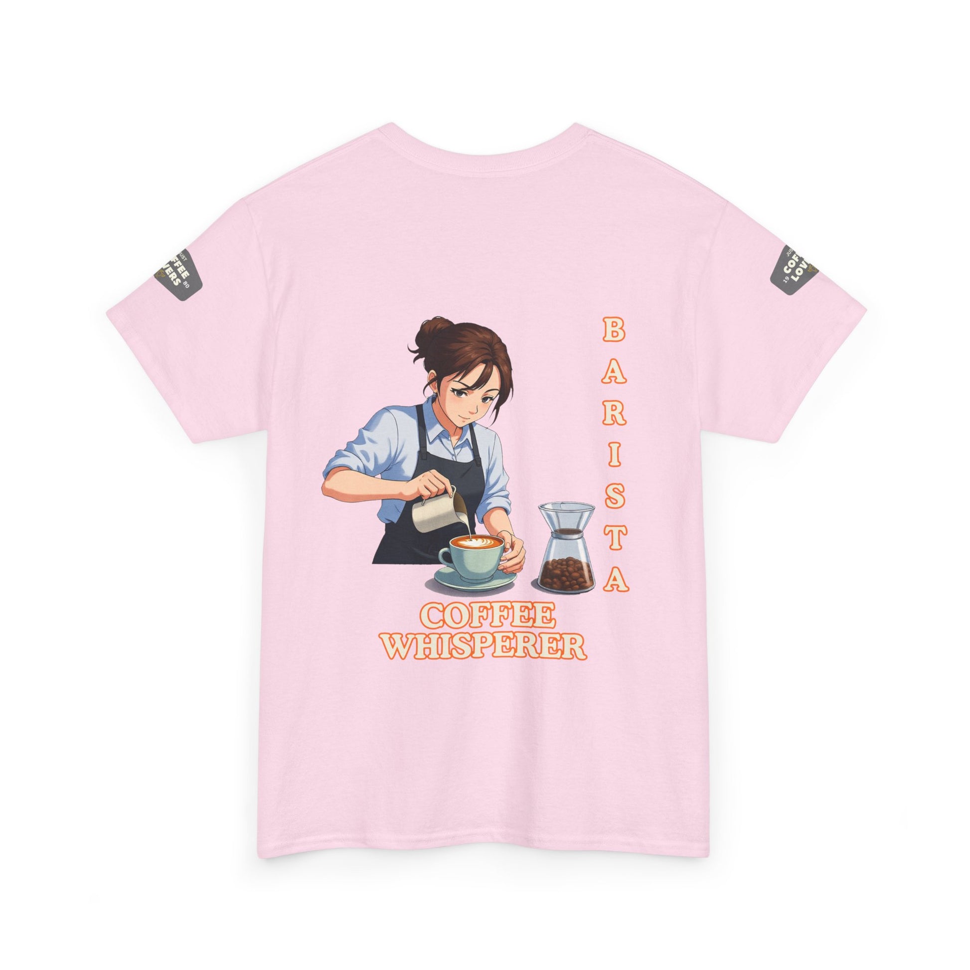 Coffee Lovers Cotton Tee for Female Barista, Pink t-shirt with a barista graphic and text on a white background