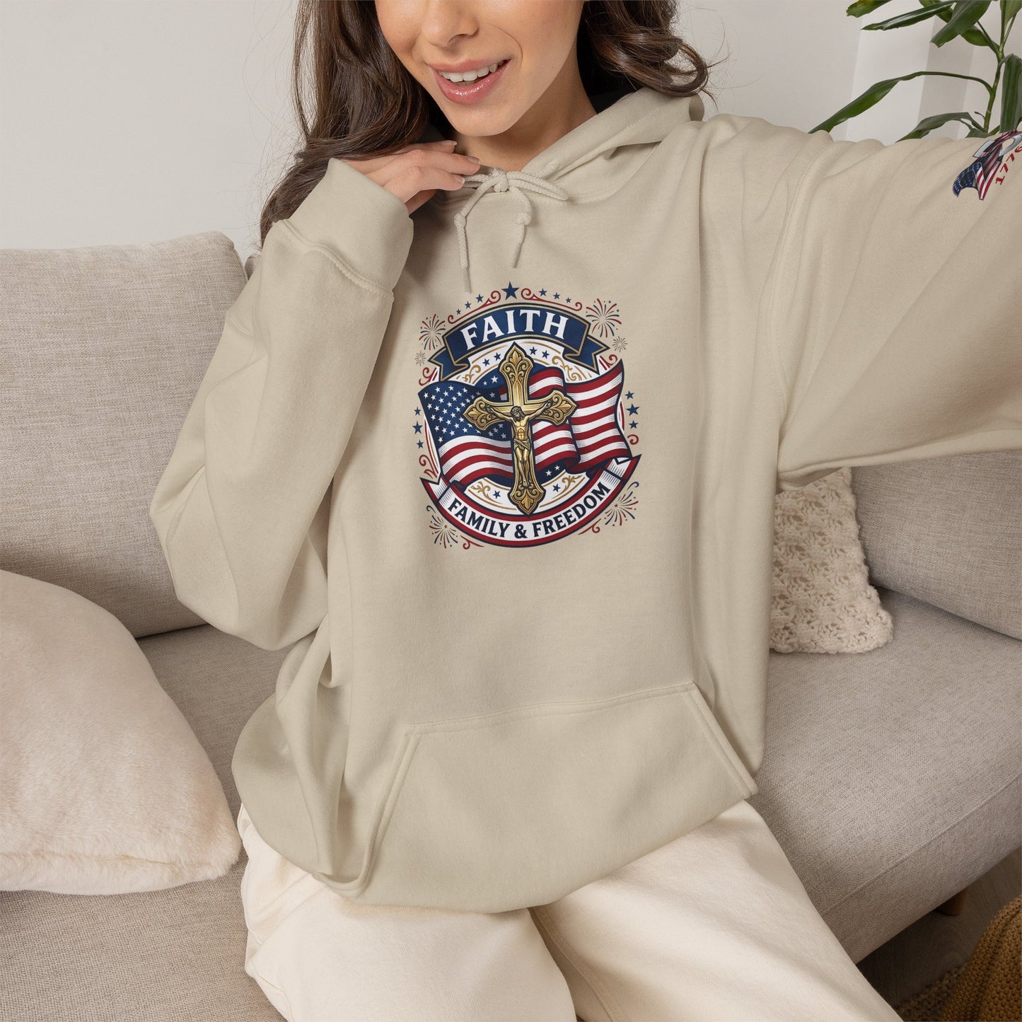 Catholic Faith, Family & Freedom Hoodie - Patriotic American Flag Cross Pullover (USA 250th)