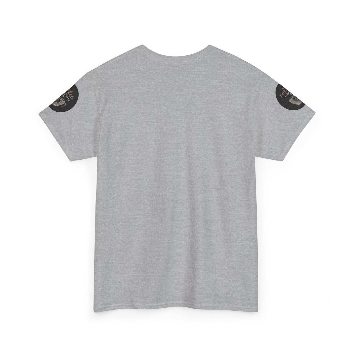 COFFEE LOVERS COTTON TEES For Connoisseurs, Gray t-shirt with black logo on sleeves against a white background