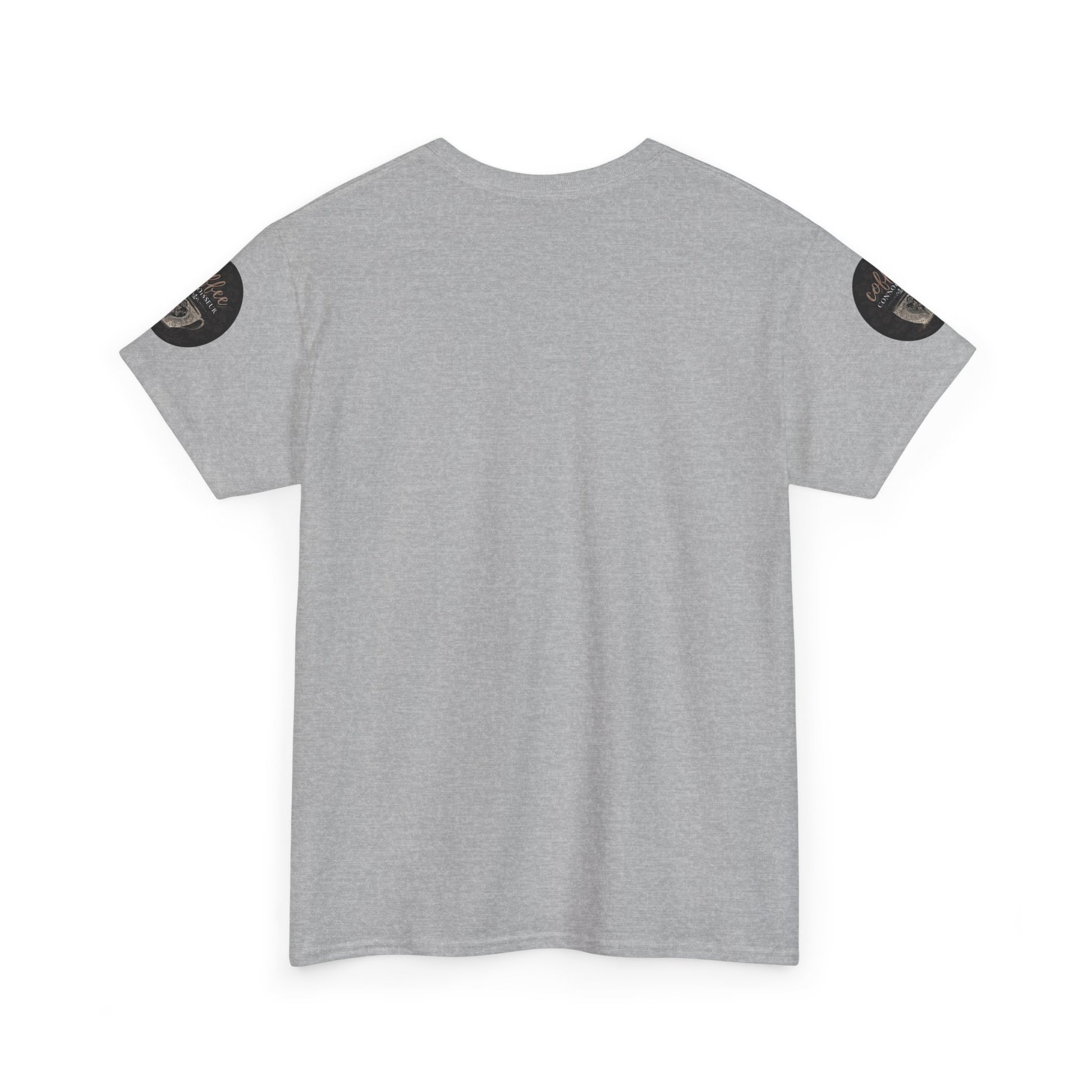 COFFEE LOVERS COTTON TEES For Connoisseurs, Gray t-shirt with black logo on sleeves against a white background