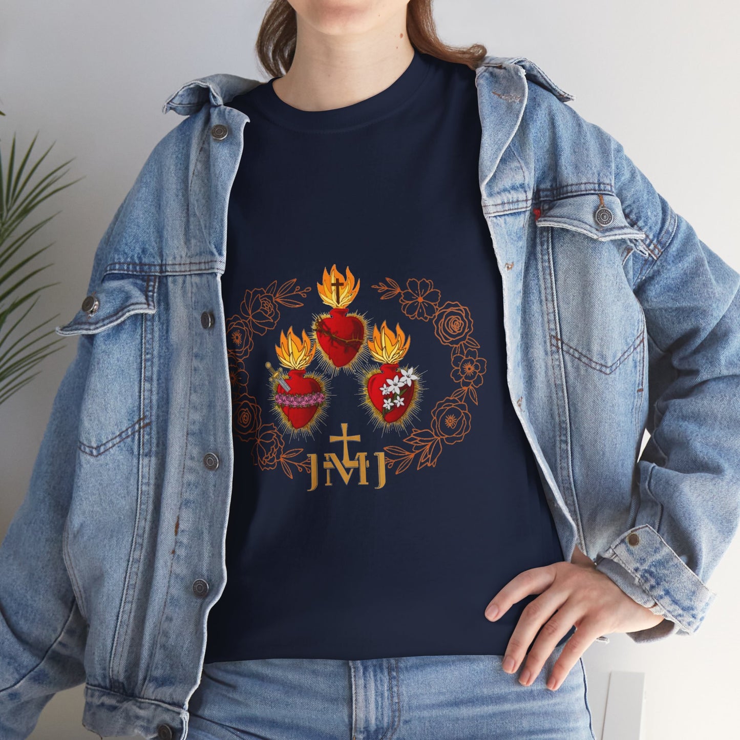 Sacred Hearts Tee — Three Flaming Hearts with JMJ Cross (CT)