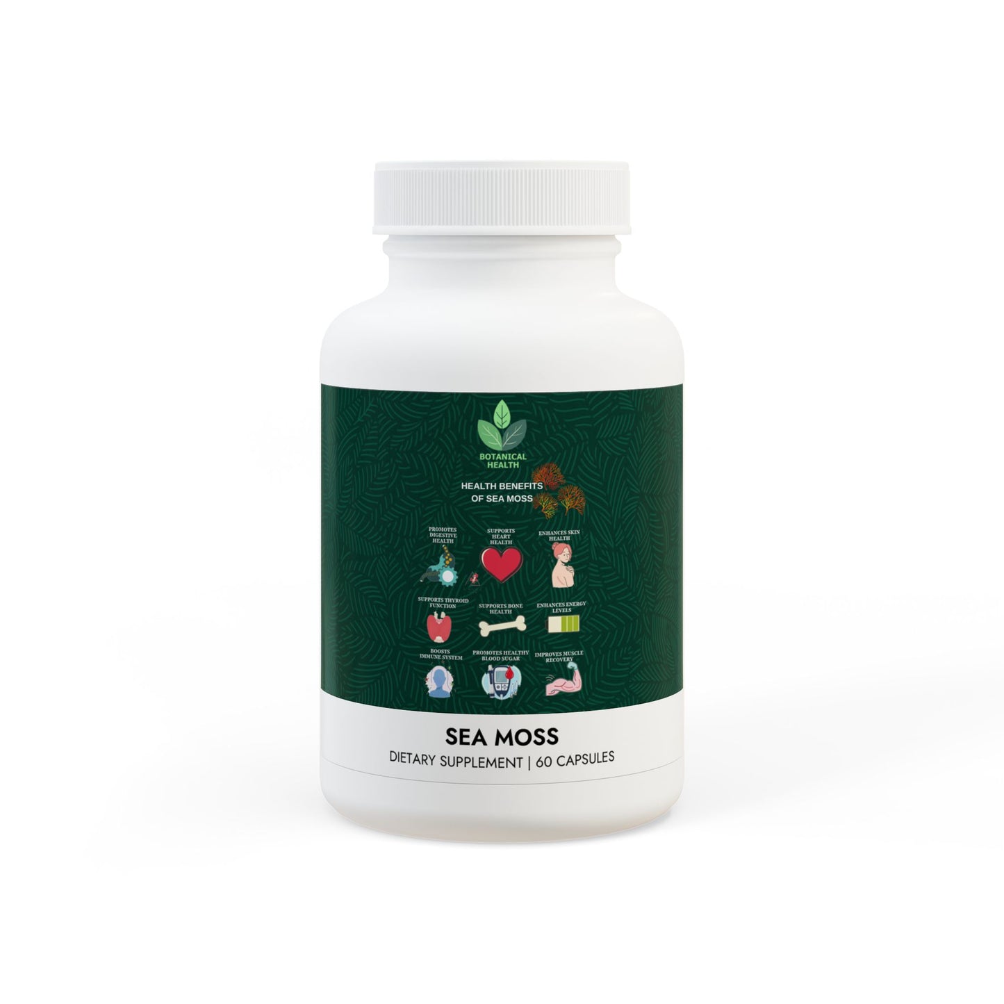 Sea Moss (Irish Moss) Supplement , Sea Moss dietary supplement bottle with green label on a white background