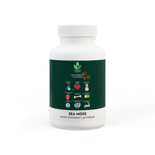Sea Moss (Irish Moss) Supplement , Sea Moss dietary supplement bottle with green label on a white background