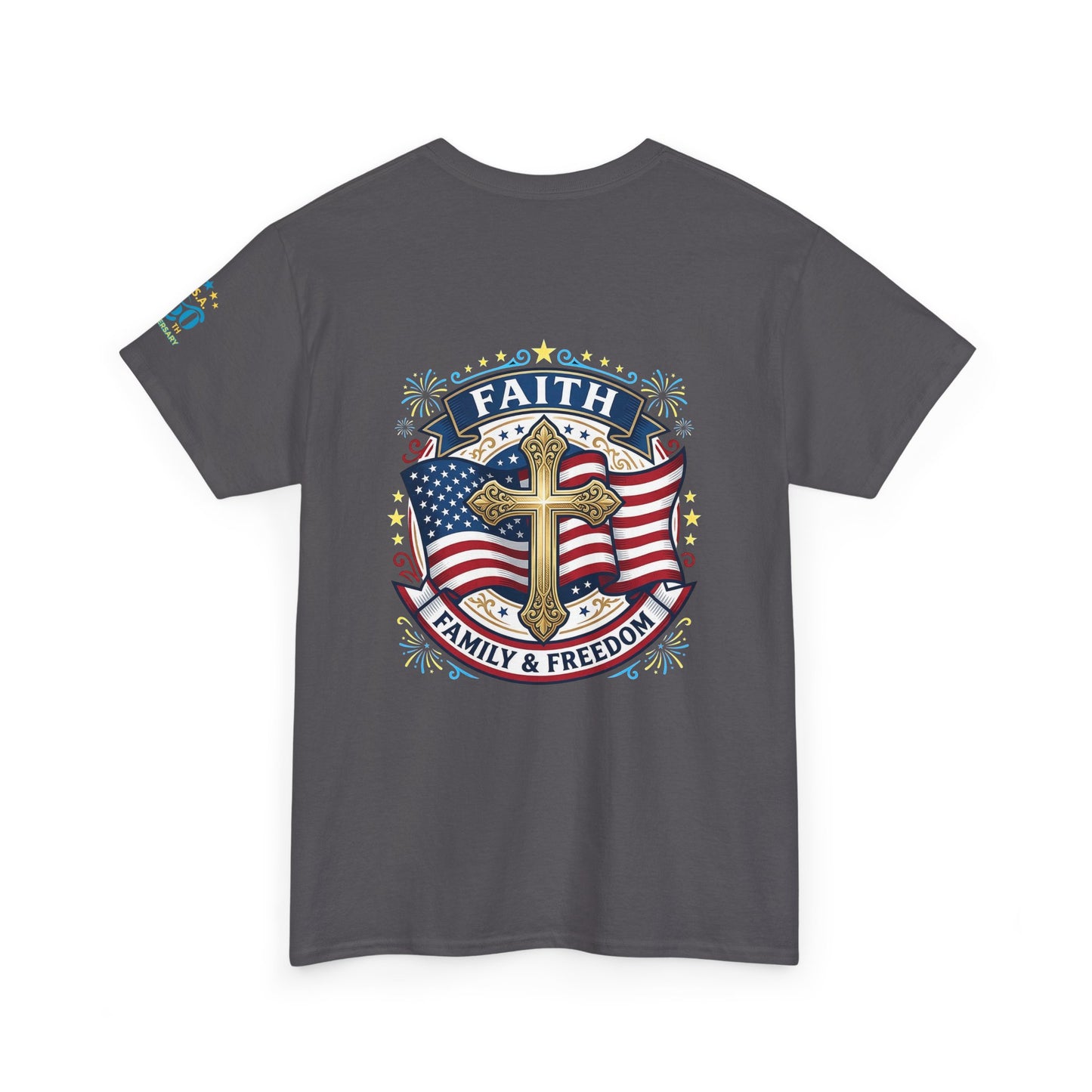 Faith, Family & Freedom T-Shirt — American Flag Cross Patriotic Tee (USA 250th)