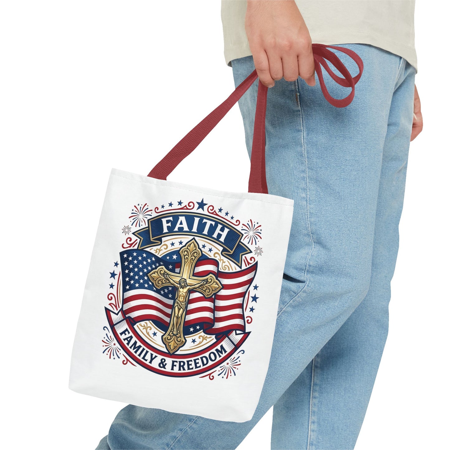 Faith, Family & Freedom Tote Bag — Patriotic Cross American Flag Tote (USA 250th)