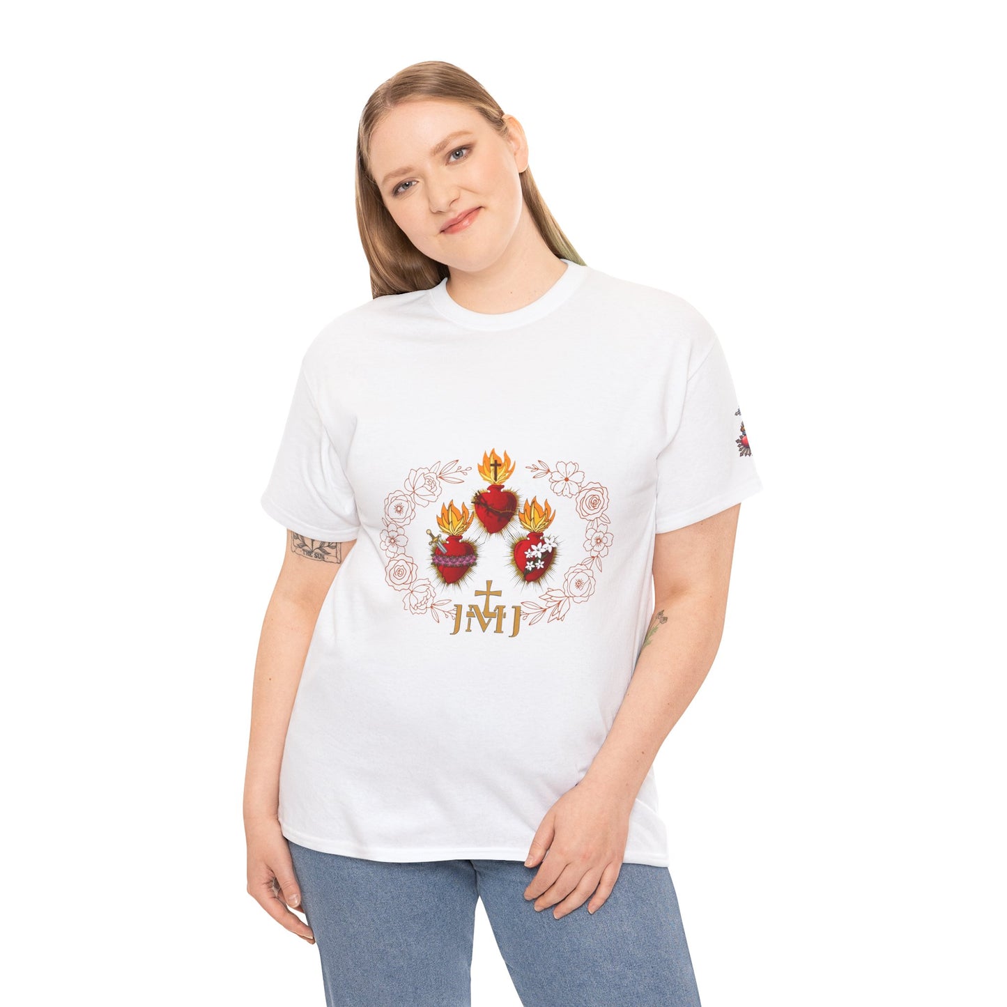 Sacred Hearts Tee — Three Flaming Hearts with JMJ Cross (CT)