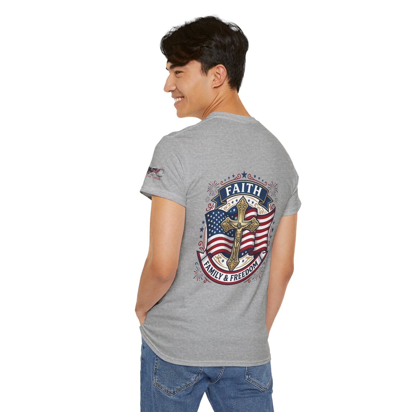 Catholic Faith, Family & Freedom T‑Shirt — Patriotic Cross American Flag Tee (USA 250th)