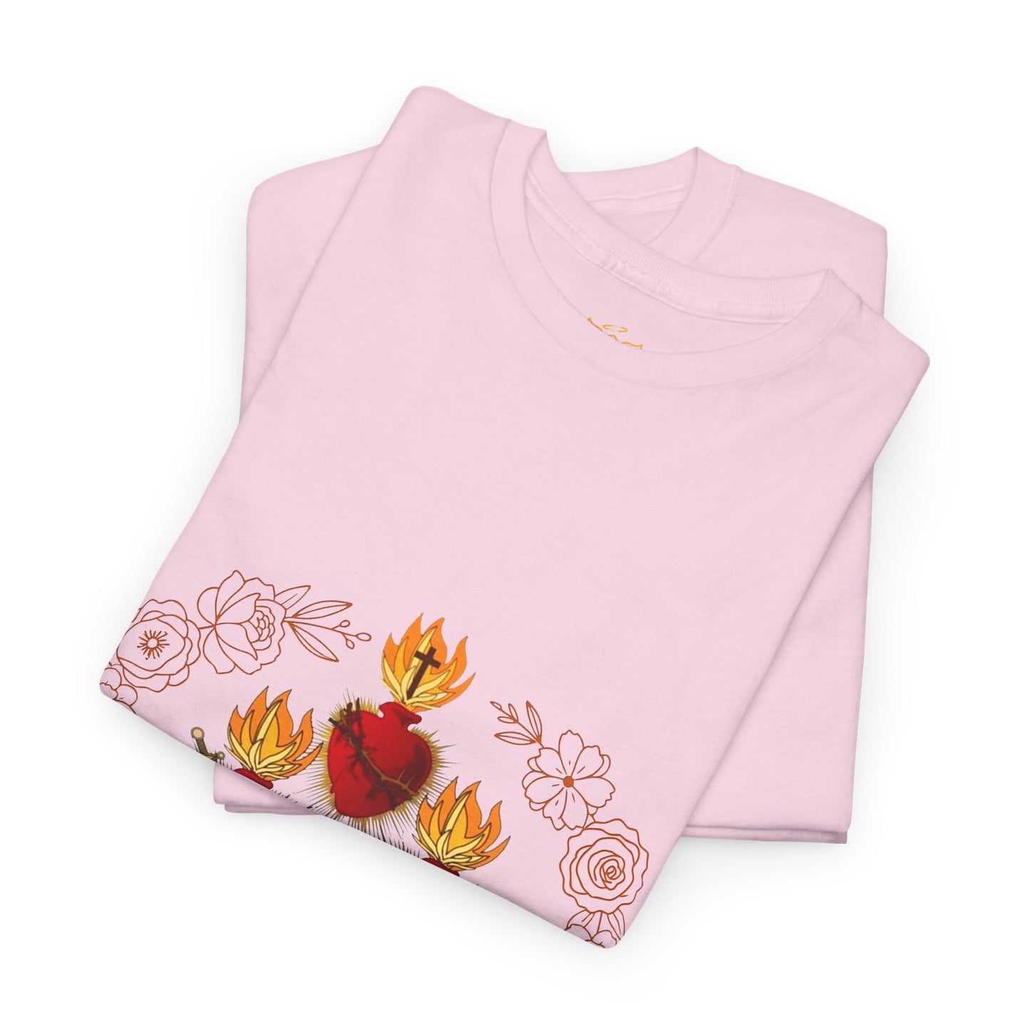 Sacred Hearts Tee — Three Flaming Hearts with JMJ Cross (CT)