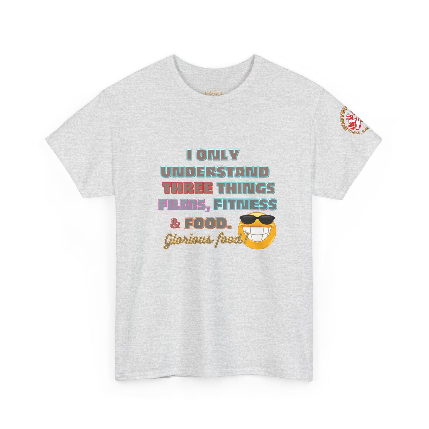 Funny Fitness Quotes Cotton T-shirt, Gray t-shirt with colorful text and graphics on a white background