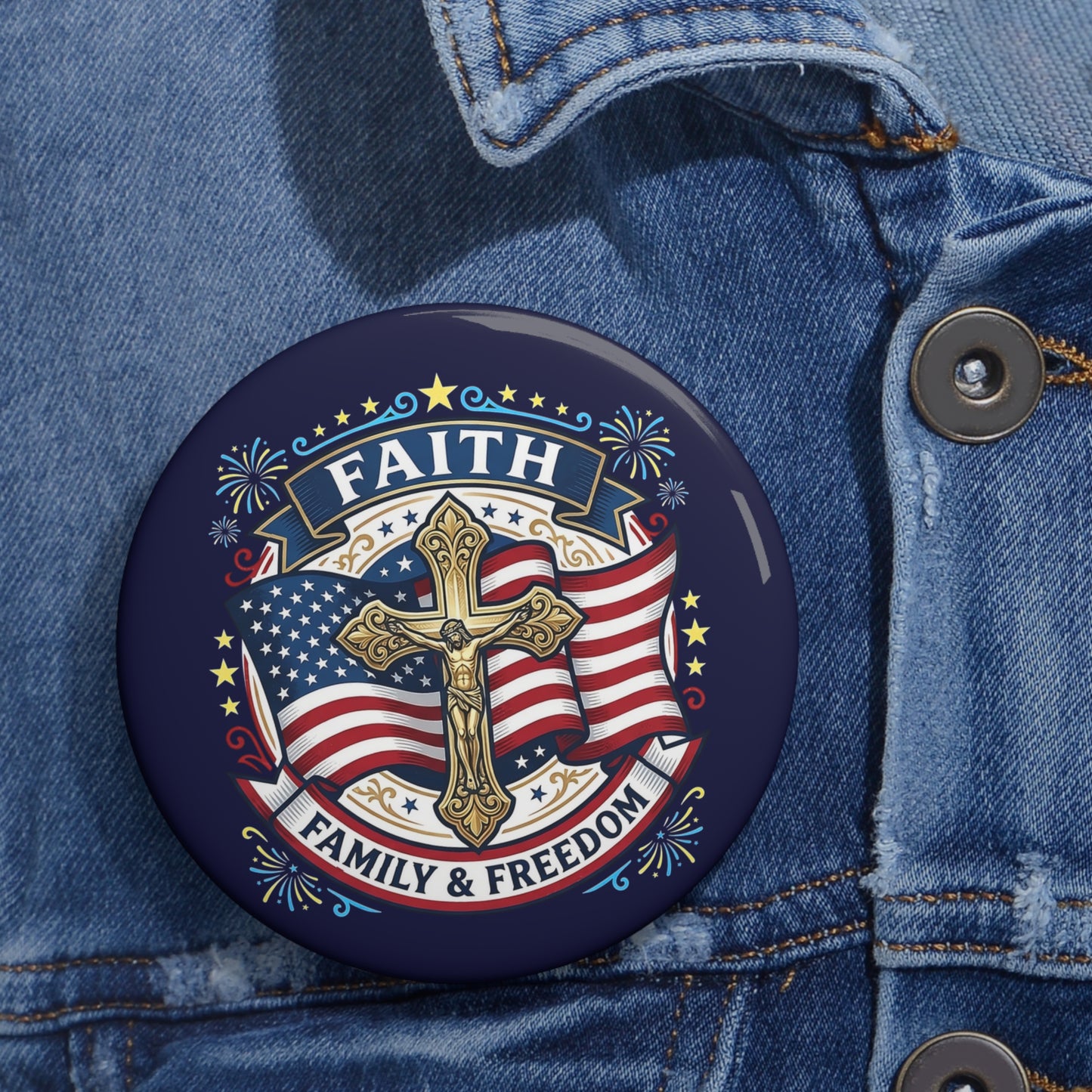 Faith, Family & Freedom Pin Button — Catholic Patriotic Cross Flag Badge (USA 250th)
