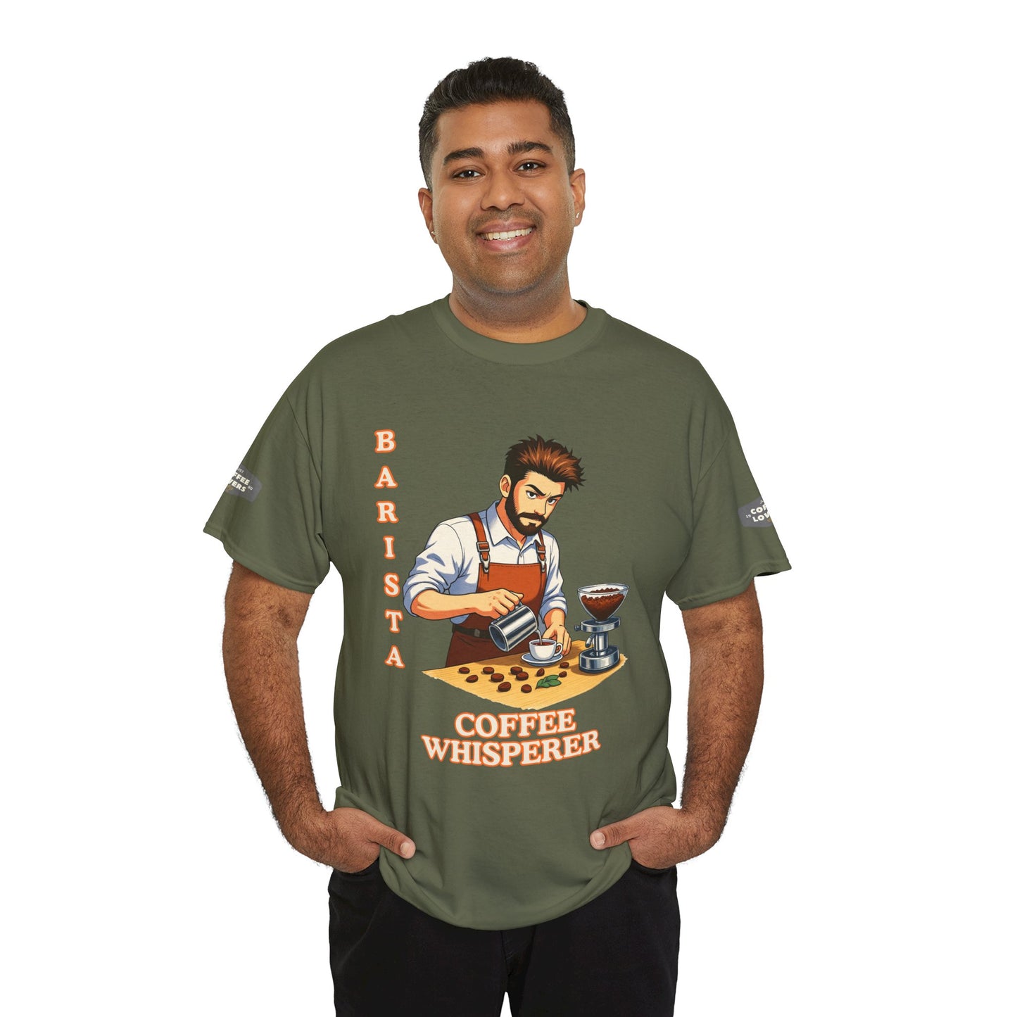 Coffee Lovers Cotton Tee for Male Barista,  Man wearing a green t-shirt with a barista graphic and text on a white background