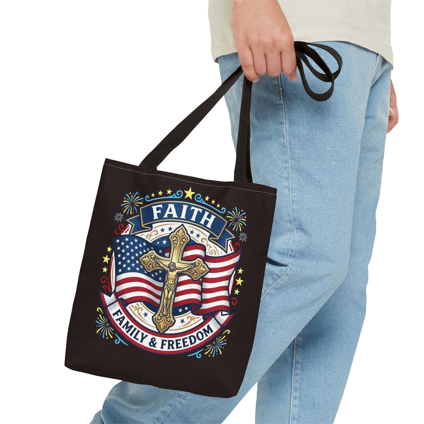 Faith, Family & Freedom Cross Bag — Patriotic American Flag Canvas Tote (USA 250th)