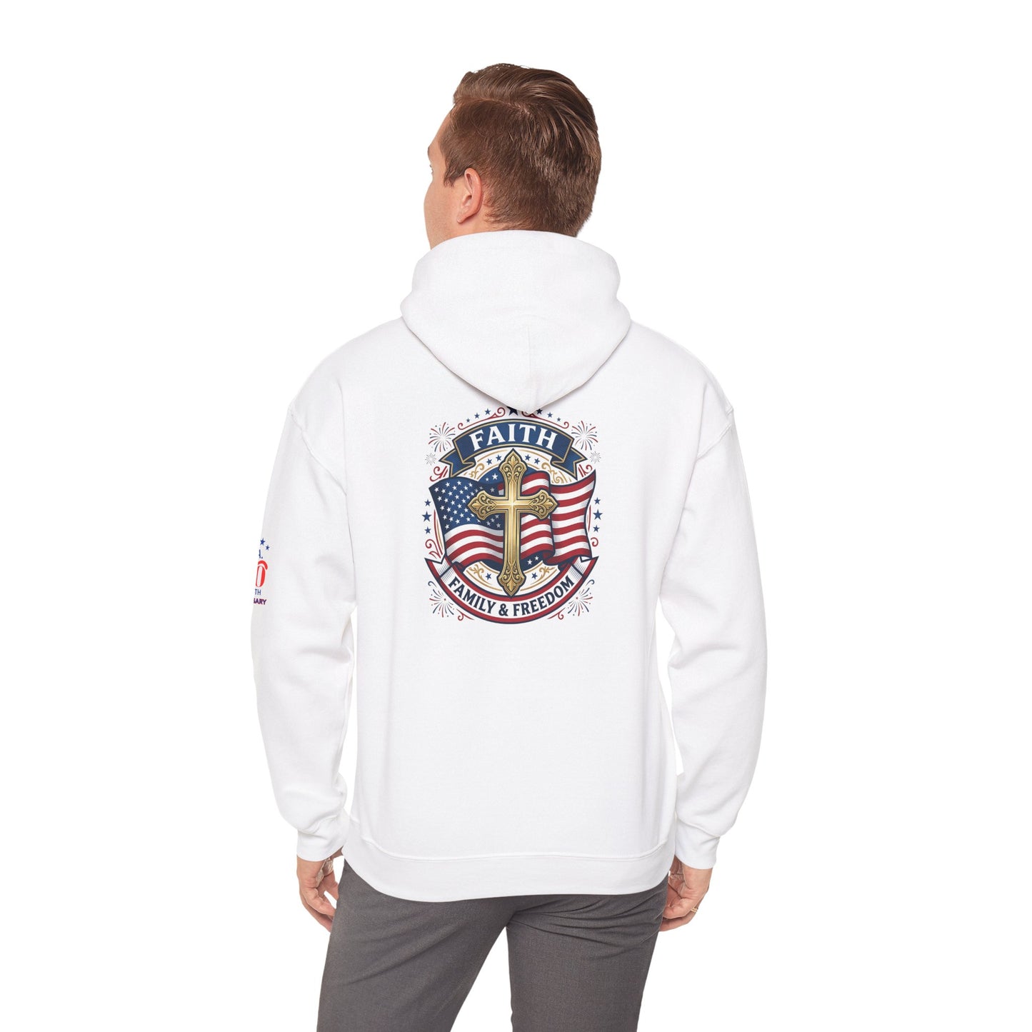 Faith, Family & Freedom Hoodie — Patriotic Cross American Flag Sweatshirt (USA 250th)