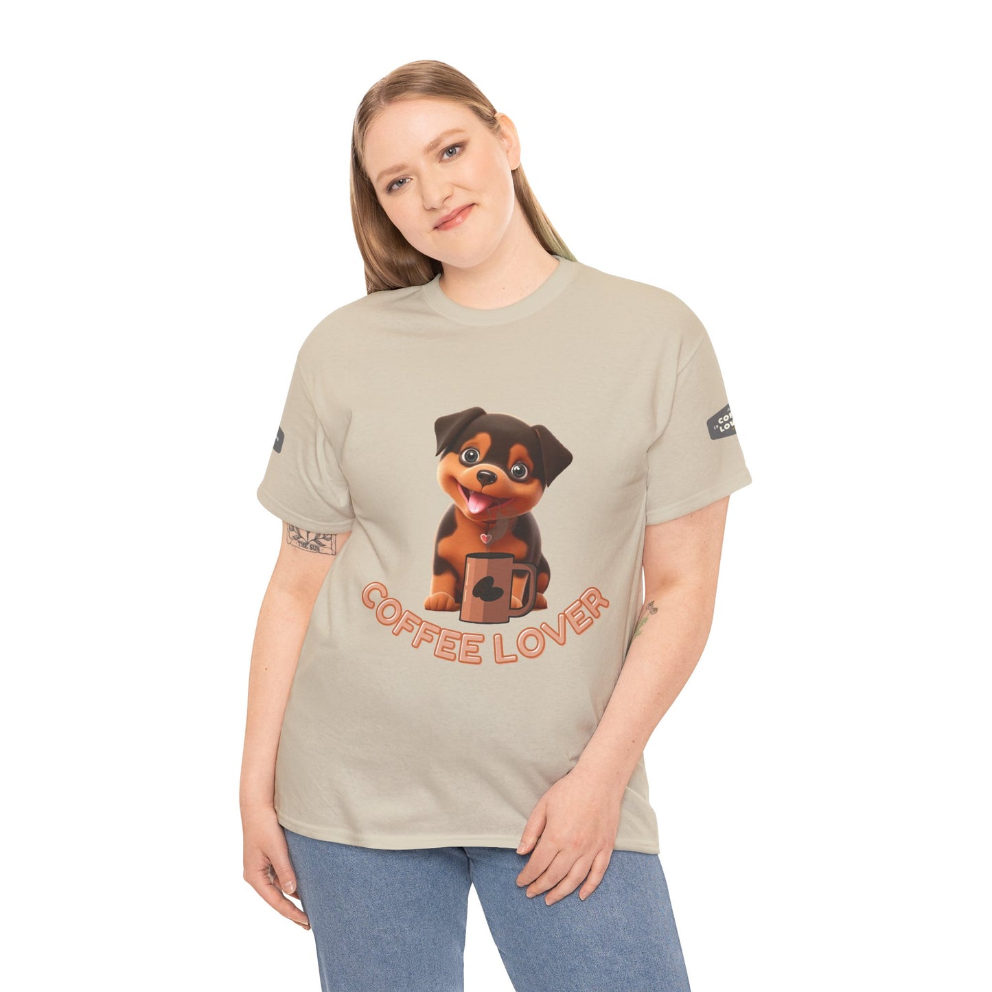 COFFEE LOVERS COTTON TEE for Dog Lovers. Person wearing a beige t-shirt with a dog graphic and 'Coffee Lover' text on a white background
