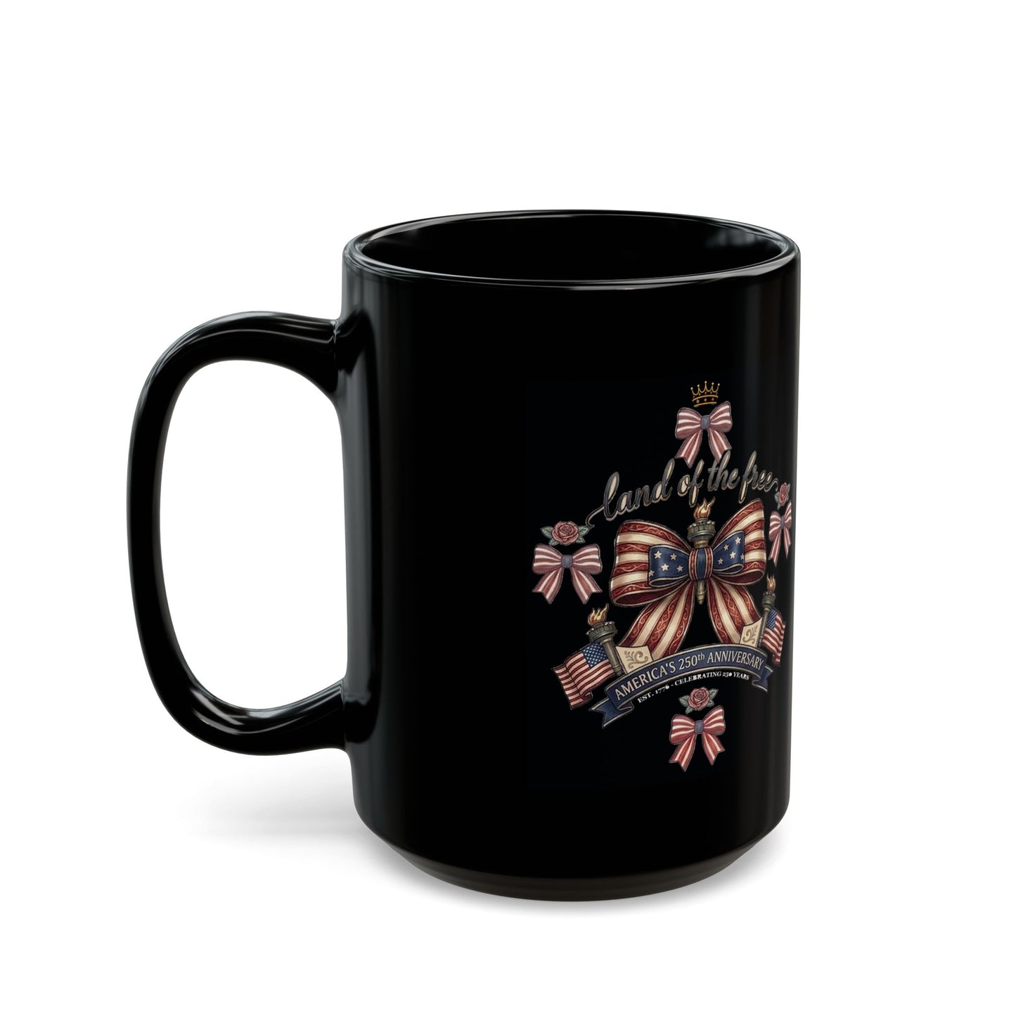 USA 250th ANNIVERSARY Ribbon Heart Black Mug — America 250 Years ANNIVERSARY Bow Ribbons Coffee Cup - Trending Novelties & Gifts