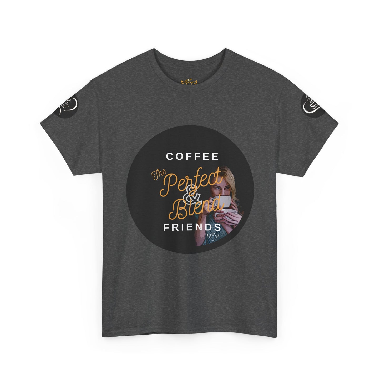 Coffee Lovers Ladies Tee - COFFEE and FRIENDS the Perfect Blend, Gray t-shirt with graphic design featuring text and a person holding a coffee cup on a white background