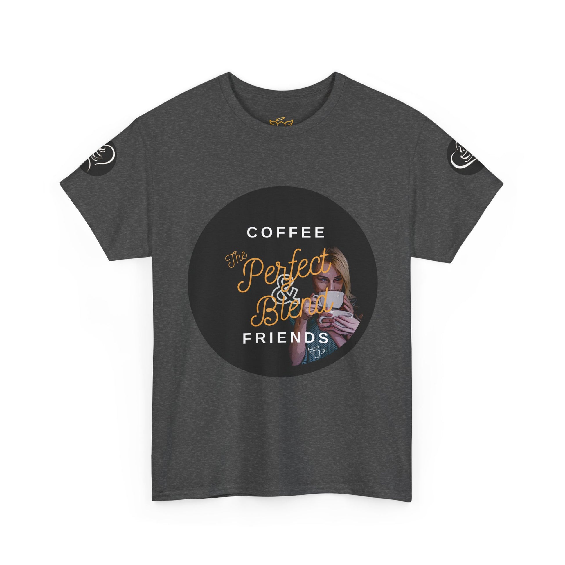 Coffee Lovers Ladies Tee - COFFEE and FRIENDS the Perfect Blend, Gray t-shirt with graphic design featuring text and a person holding a coffee cup on a white background
