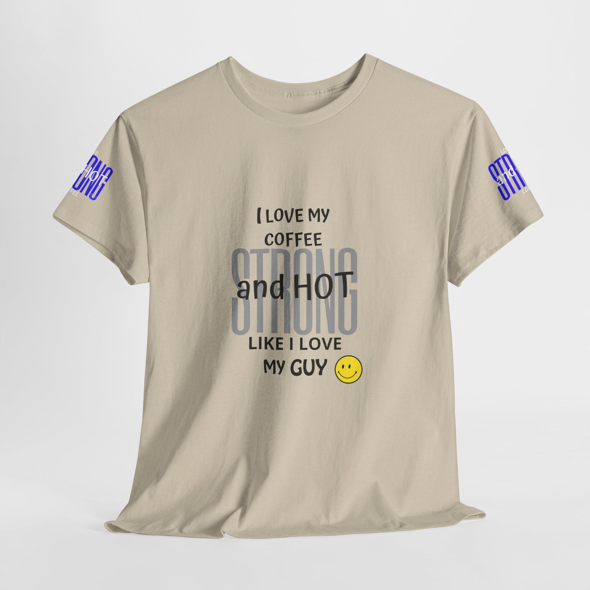 Coffee Lover Heavy Cotton Tee - I Love My Coffee Strong and Hot, Beige t-shirt with text and smiley face on a white background
