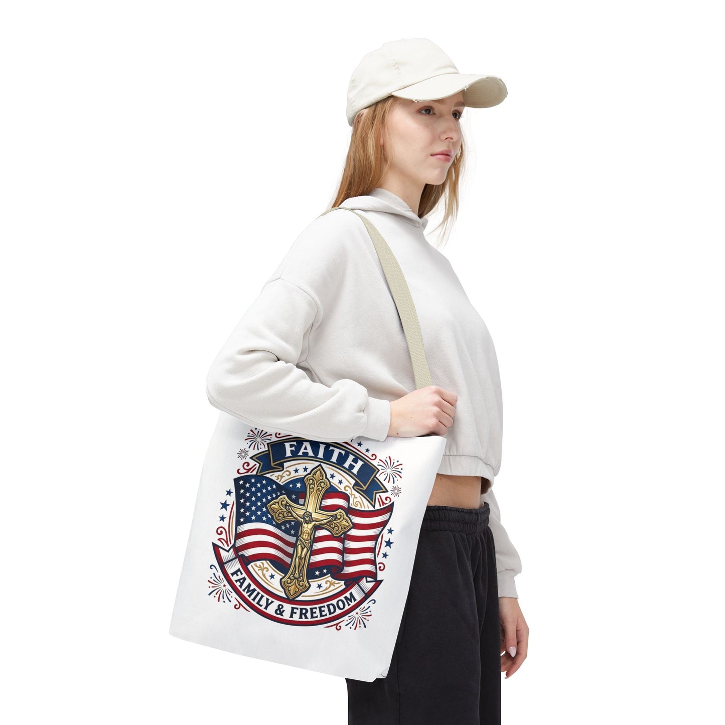 Faith, Family & Freedom Tote Bag — Patriotic Cross American Flag Tote (USA 250th)
