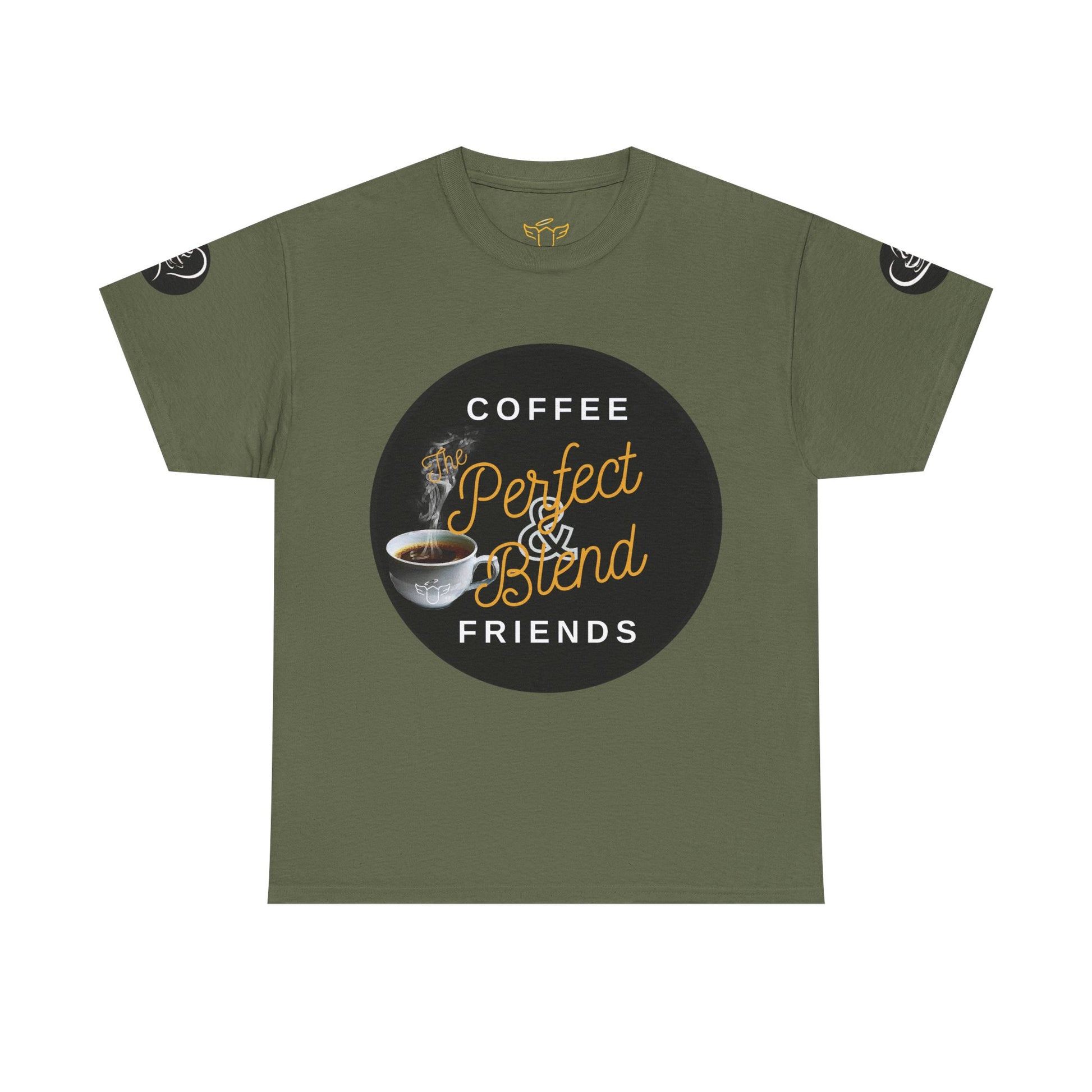 Coffee Lovers Cotton T-shirt, Green t-shirt with coffee-themed graphic and text on a white background