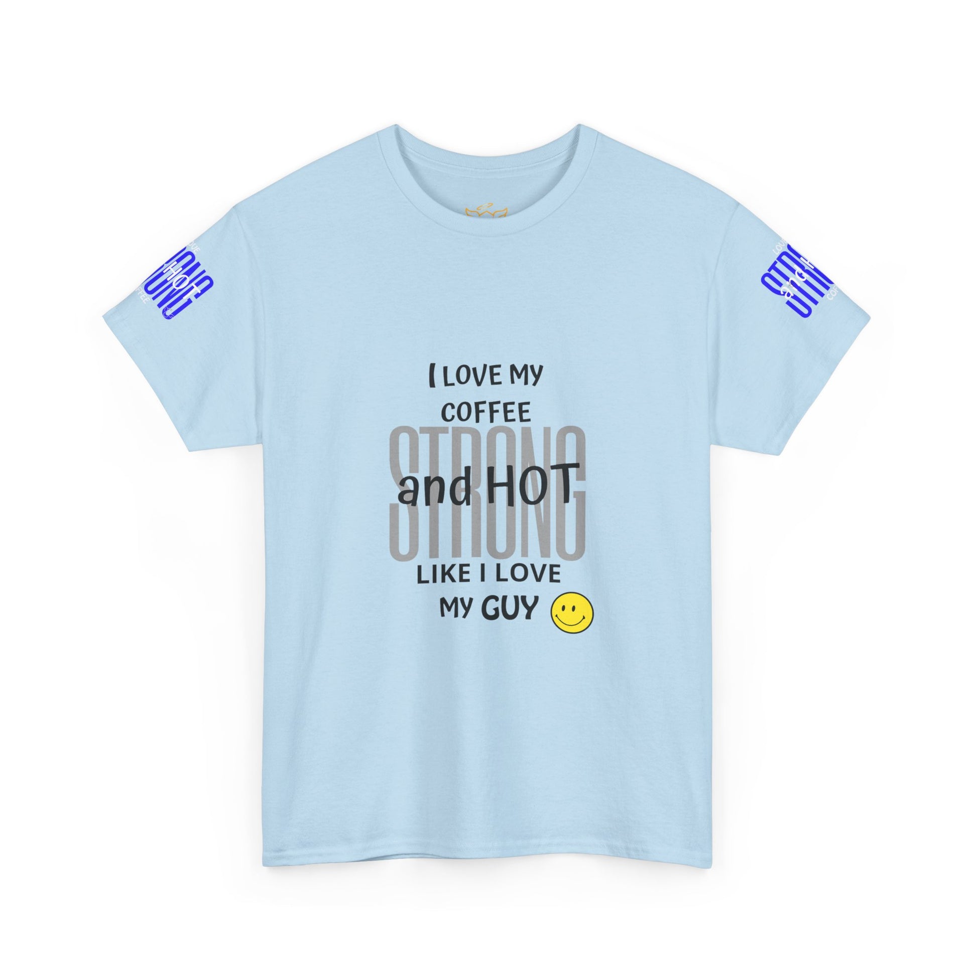 Coffee Lover Heavy Cotton Tee - I Love My Coffee Strong and Hot, Light blue t-shirt with text and smiley face on a white background