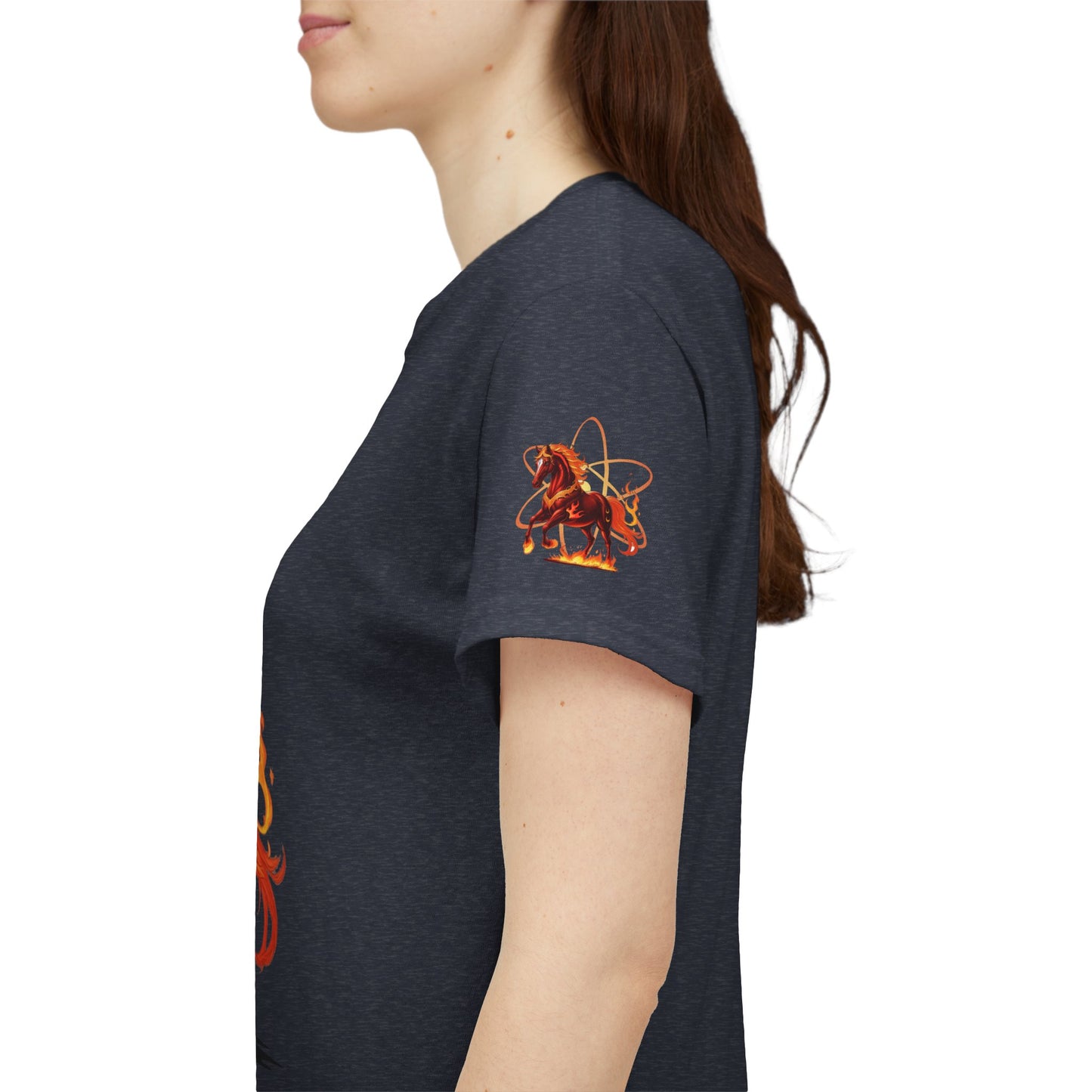 Lunar New Year Fiery Horse Novelty T-Shirt, Person wearing a dark blue t-shirt with a graphic design on the sleeve against a white background