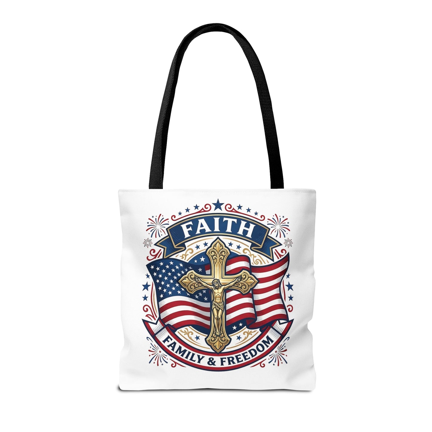 Faith, Family & Freedom Tote Bag — Patriotic Cross American Flag Tote (USA 250th)