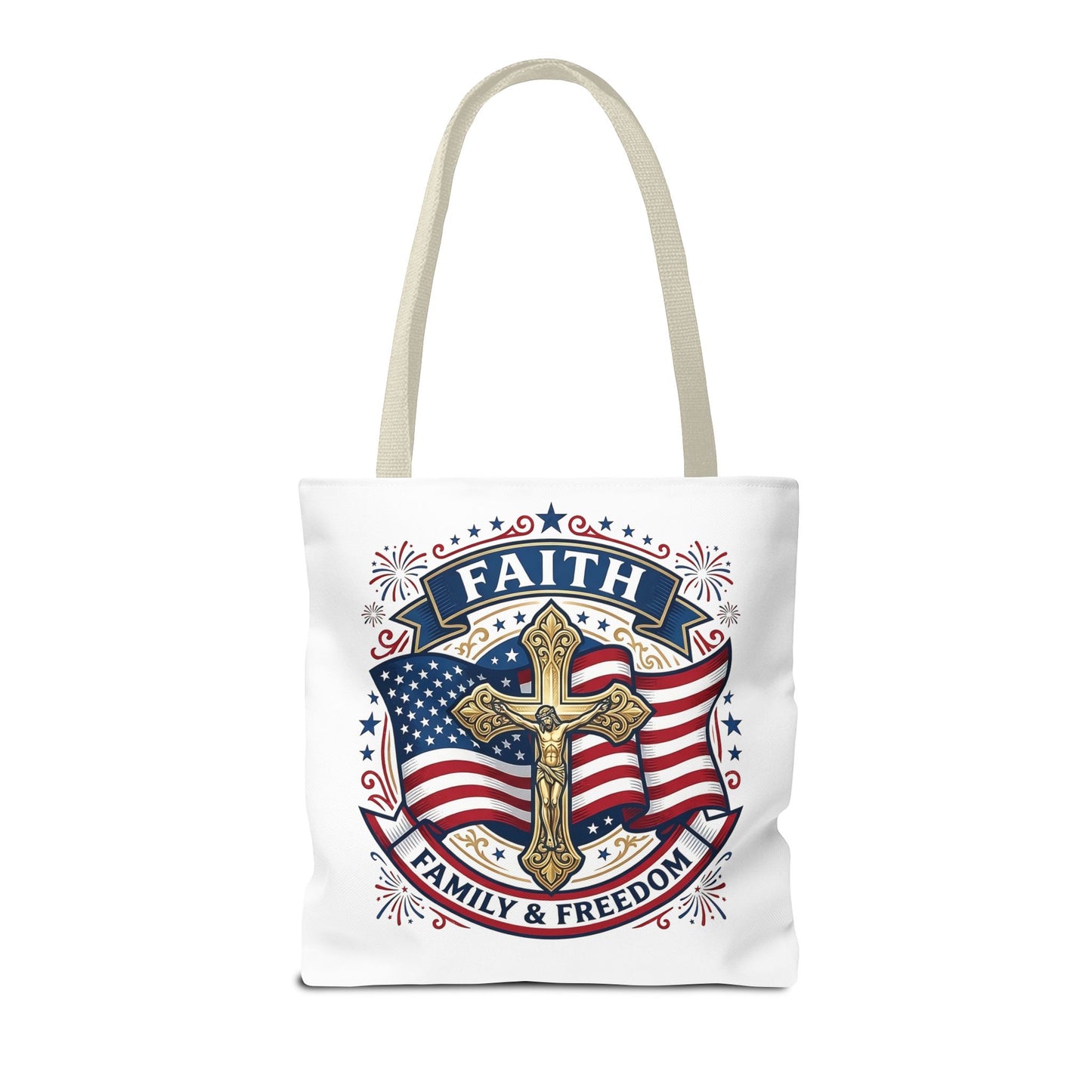 Faith, Family & Freedom Tote Bag — Patriotic Cross American Flag Tote (USA 250th)
