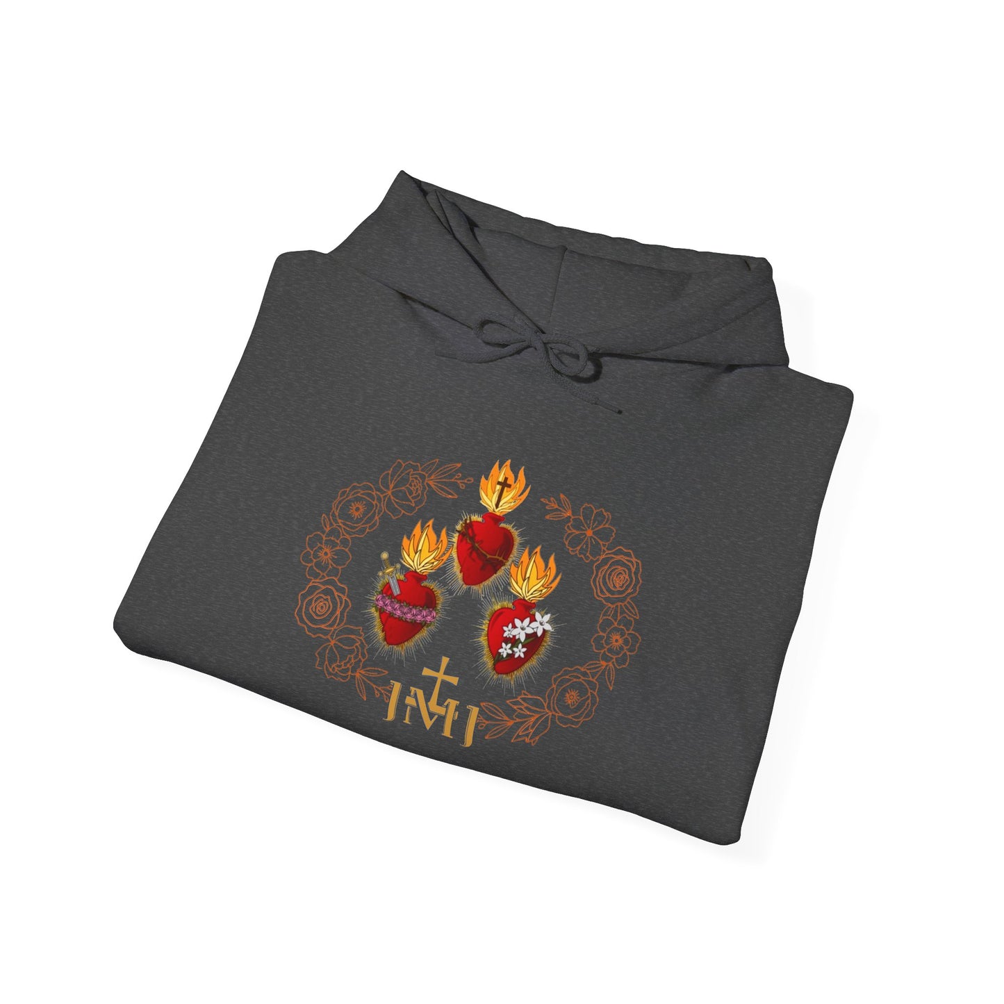 Sacred Hearts Hoodie — Three Flaming Hearts J.M.J. Devotional Sweatshirt (CT)