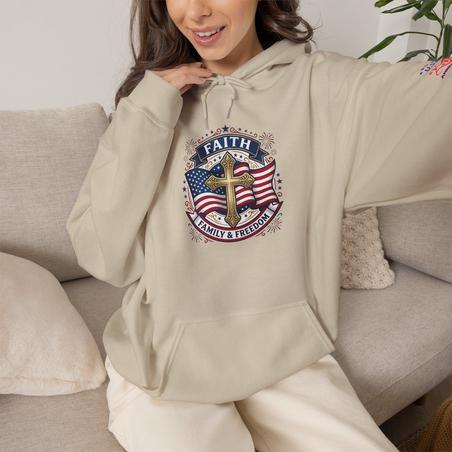 Faith, Family & Freedom Hoodie — Patriotic Cross American Flag Sweatshirt (USA 250th)