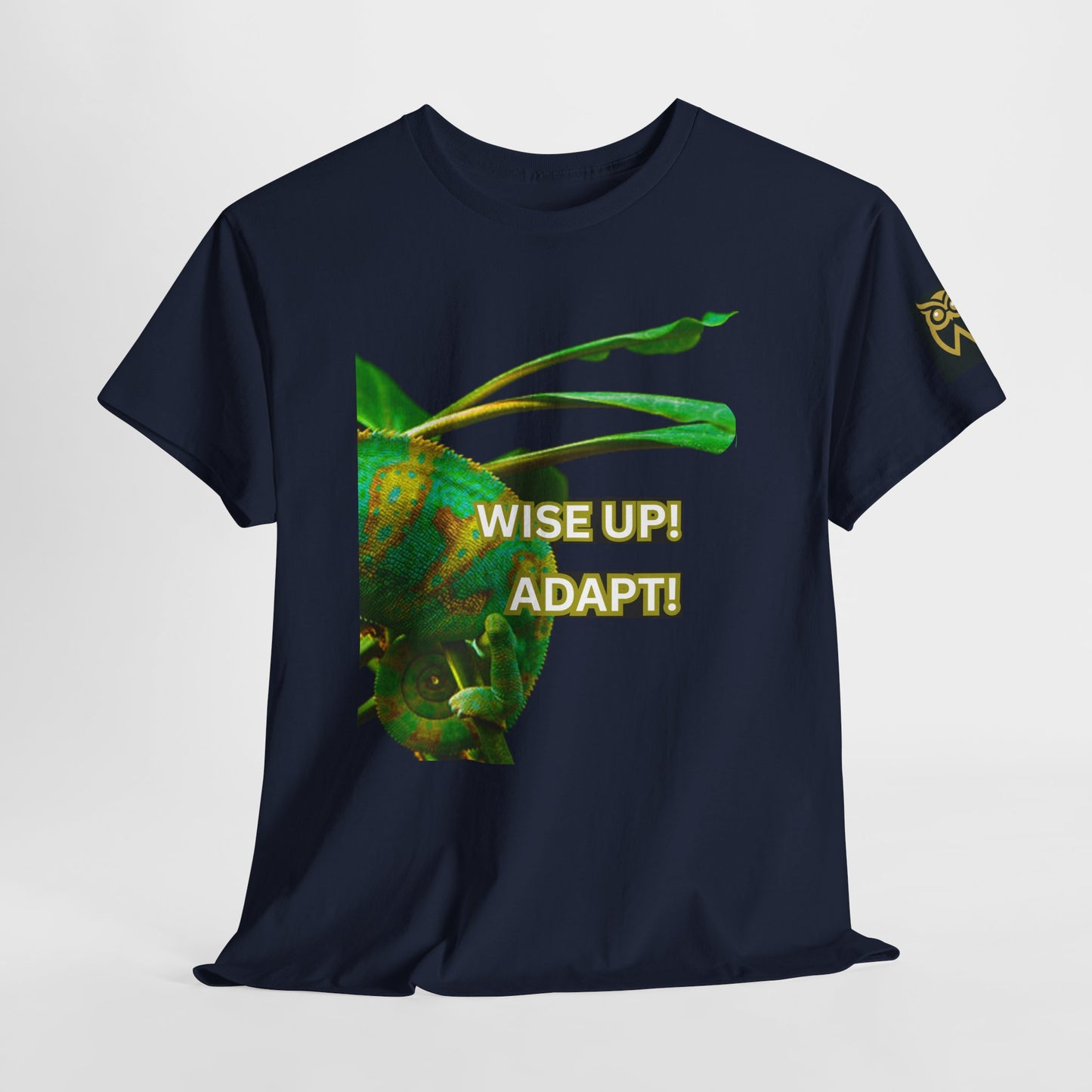 Wise Up Adapt! Motivational T-shirt — 'Wise Up! Stay Sharp!' Graphic Novelty Tee, Navy blue t-shirt with a graphic design and text on a light gray background