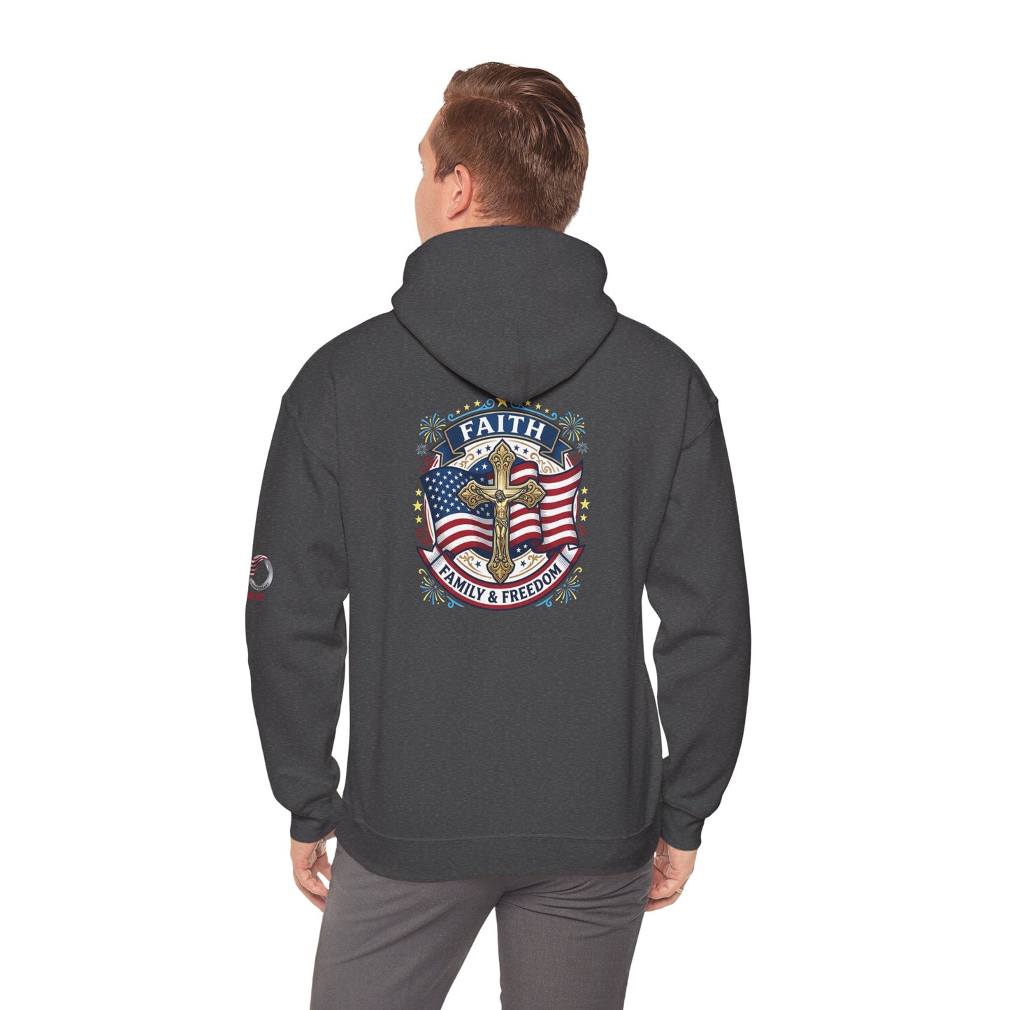 Catholic Faith, Family & Freedom Hoodie — American Flag Cross Patriotic Pullover (USA 250th)