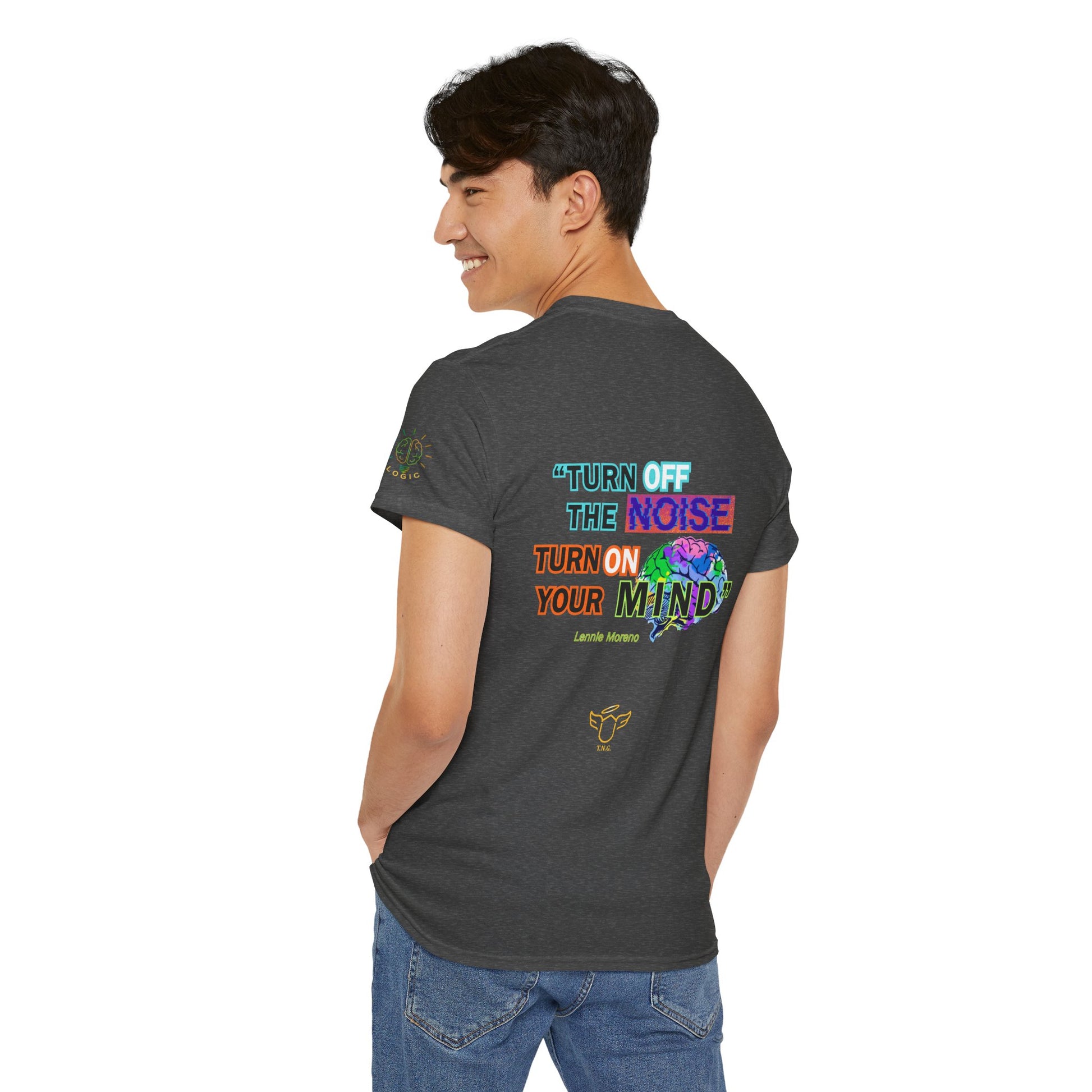 Novelty Tee - "Turn Off the Noise, Turn On Your Mind Tee" — Motivational Graphic Slogan,  Person wearing a black t-shirt with colorful text and graphics on the back, standing against a white background.