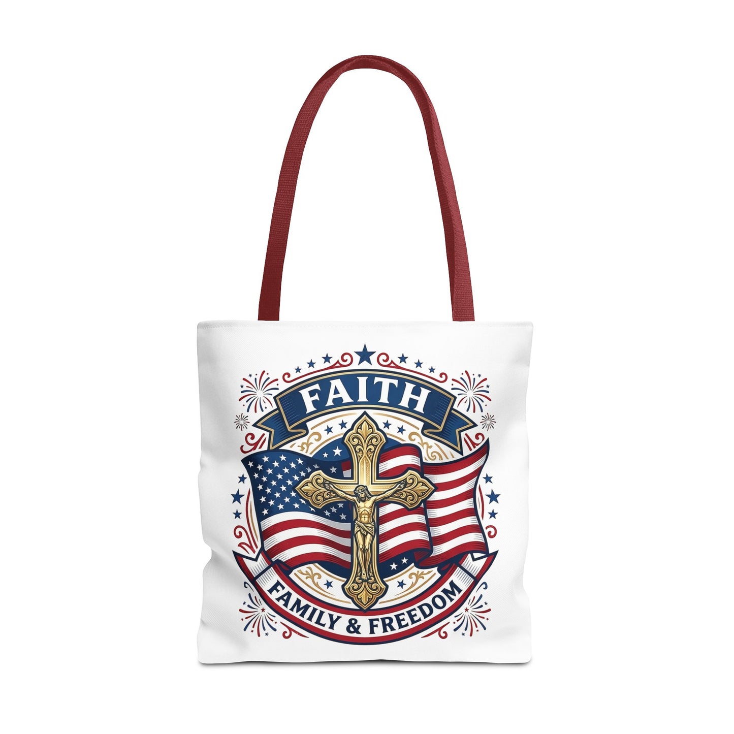 Faith, Family & Freedom Tote Bag — Patriotic Cross American Flag Tote (USA 250th)