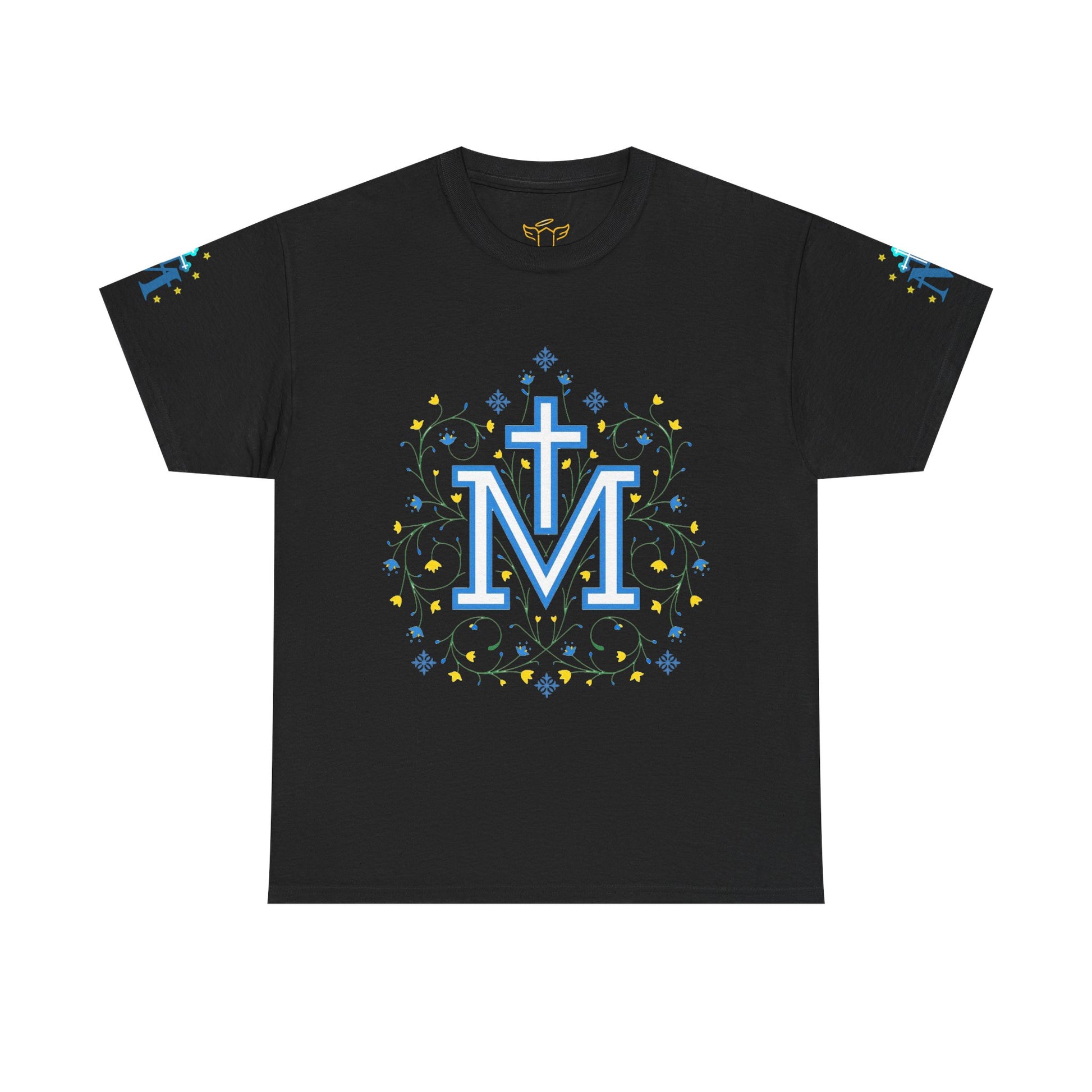 Marian Symbol T-shirt Unisex Heavy Cotton Tee, Black t-shirt with decorative 'Marian' logo on a white background