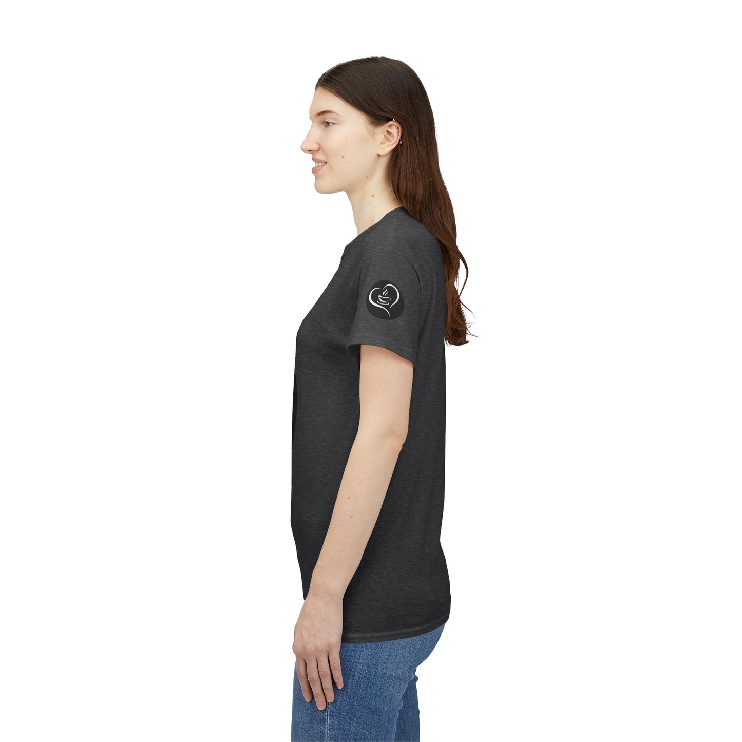 Coffee Lovers Ladies Tee - COFFEE and FRIENDS the Perfect Blend, Woman wearing a black t-shirt with a logo on the sleeve against a white background