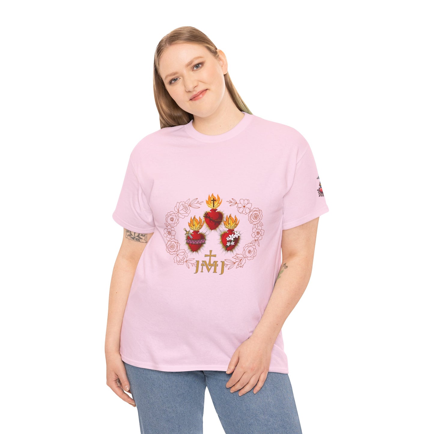 Sacred Hearts Tee — Three Flaming Hearts with JMJ Cross (CT)
