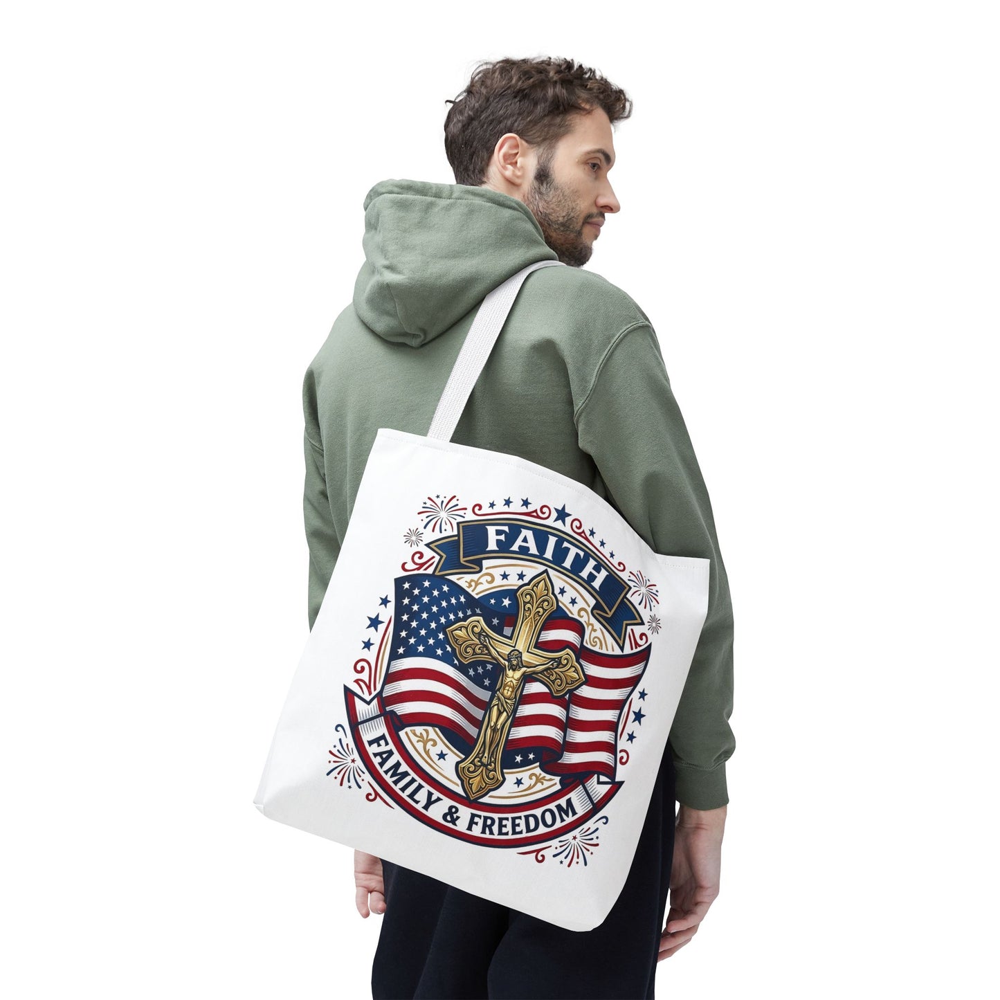 Faith, Family & Freedom Tote Bag — Patriotic Cross American Flag Tote (USA 250th)